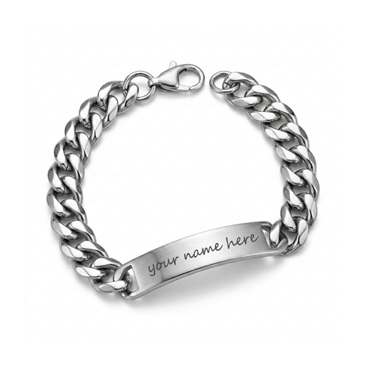 Personalized Stainless Steel ID Bar Bracelet with Engraved Name, Silver & Gold Cuban Chain