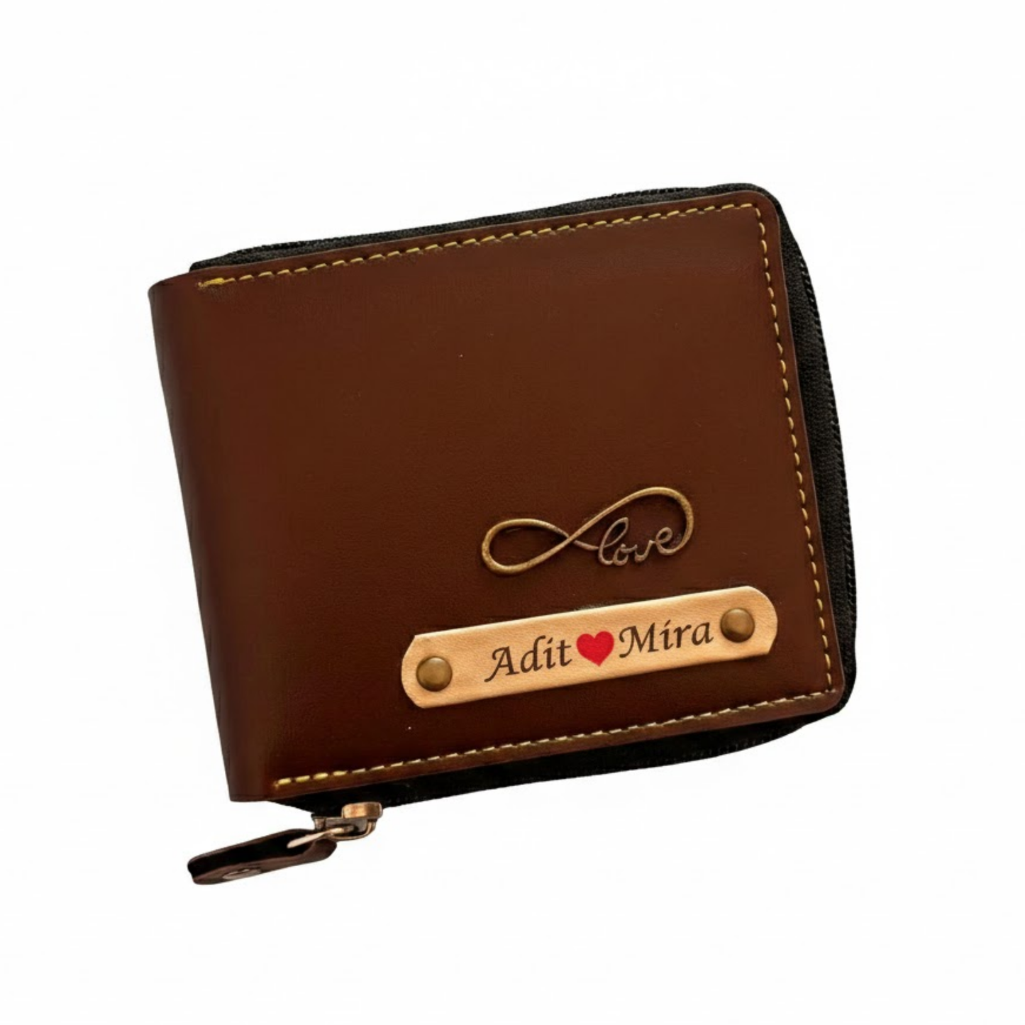 Personalized Men's Zipper Wallet with Custom Name Strip & Charm, Vegan Leather Card Holder