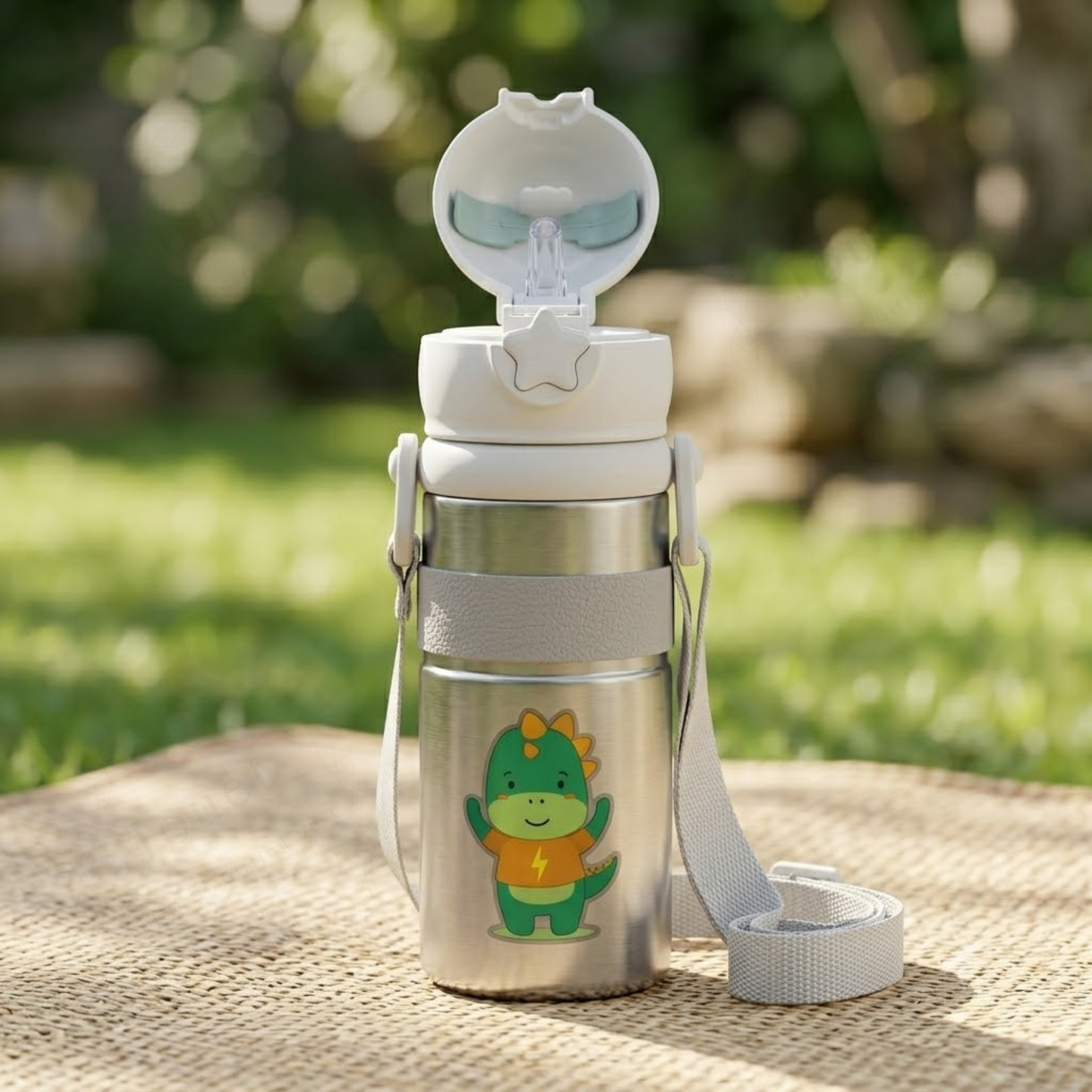 Kids Dinosaur Water Bottle 600ml – Stainless Steel Straw Sipper with Carry Strap