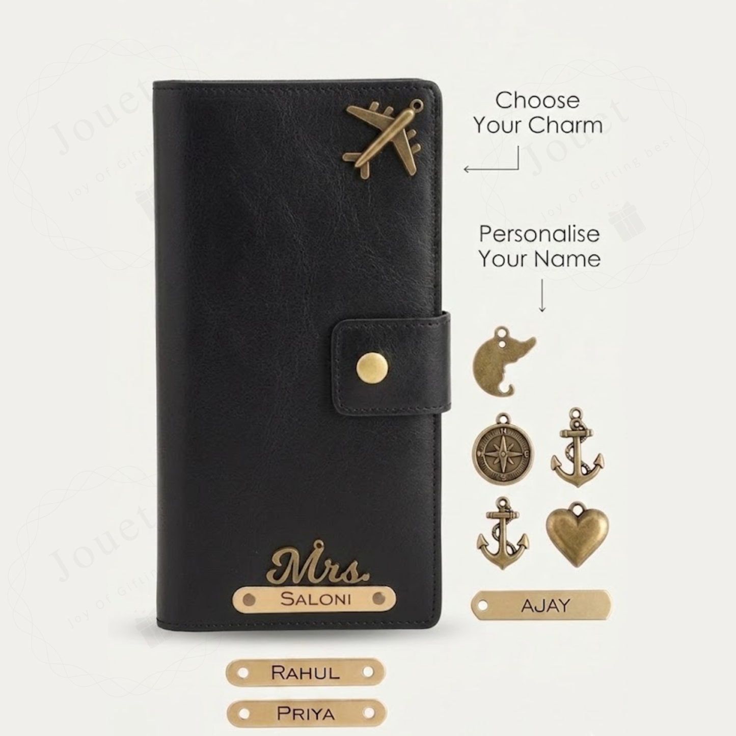 Personalised Travel Wallet, Faux Leather, with Name Plate and Charms, Passport Organiser