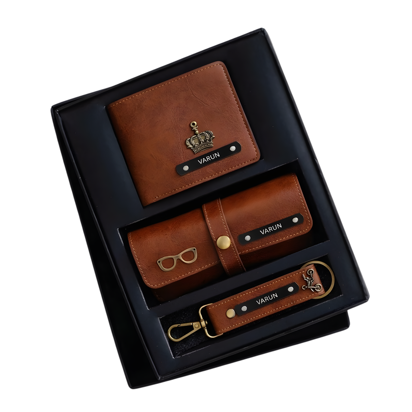 Personalized Men’s Leather Gift Set with Bi-Fold Wallet, Eyewear Case & Keychain, Custom Name Engraved Accessories Combo