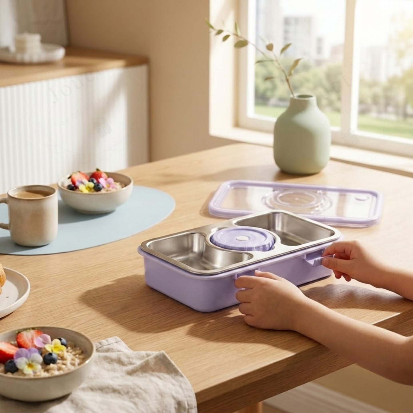 Insulated Stainless Steel Lunch Box with 3 Compartments & Steel Cutlery