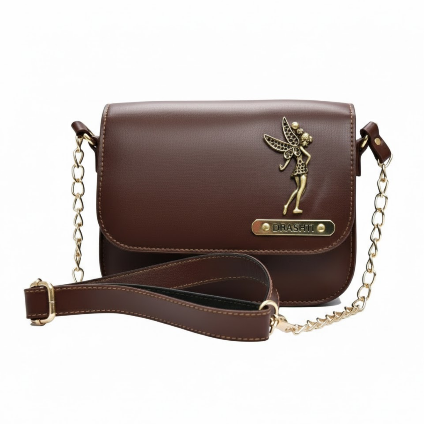 Personalized Faux Leather Sling Bag for Women with Custom Name & Charm, Mini Crossbody Bag with Chain Strap, 19.5 x 6 x 16.5 cm