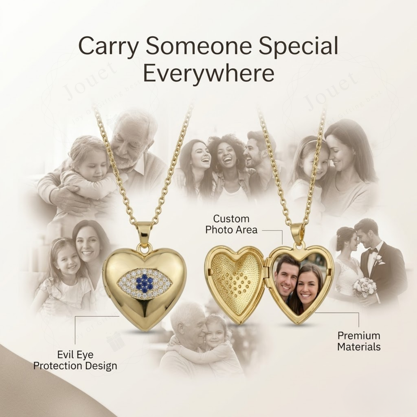 Personalized Heart Photo Locket Necklace for Women with Crystal Evil Eye Design, Stainless Steel Anti-Tarnish Custom Picture Pendant Gift for Her