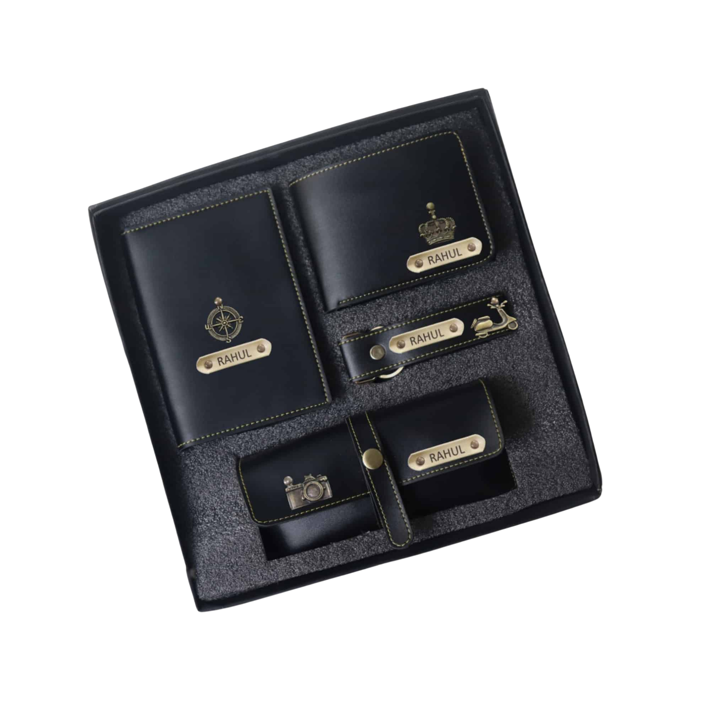 Personalized Leather Travel Gift Set for Men with Wallet, Passport Cover, Keychain & Glasses Case, Custom Name Engraving