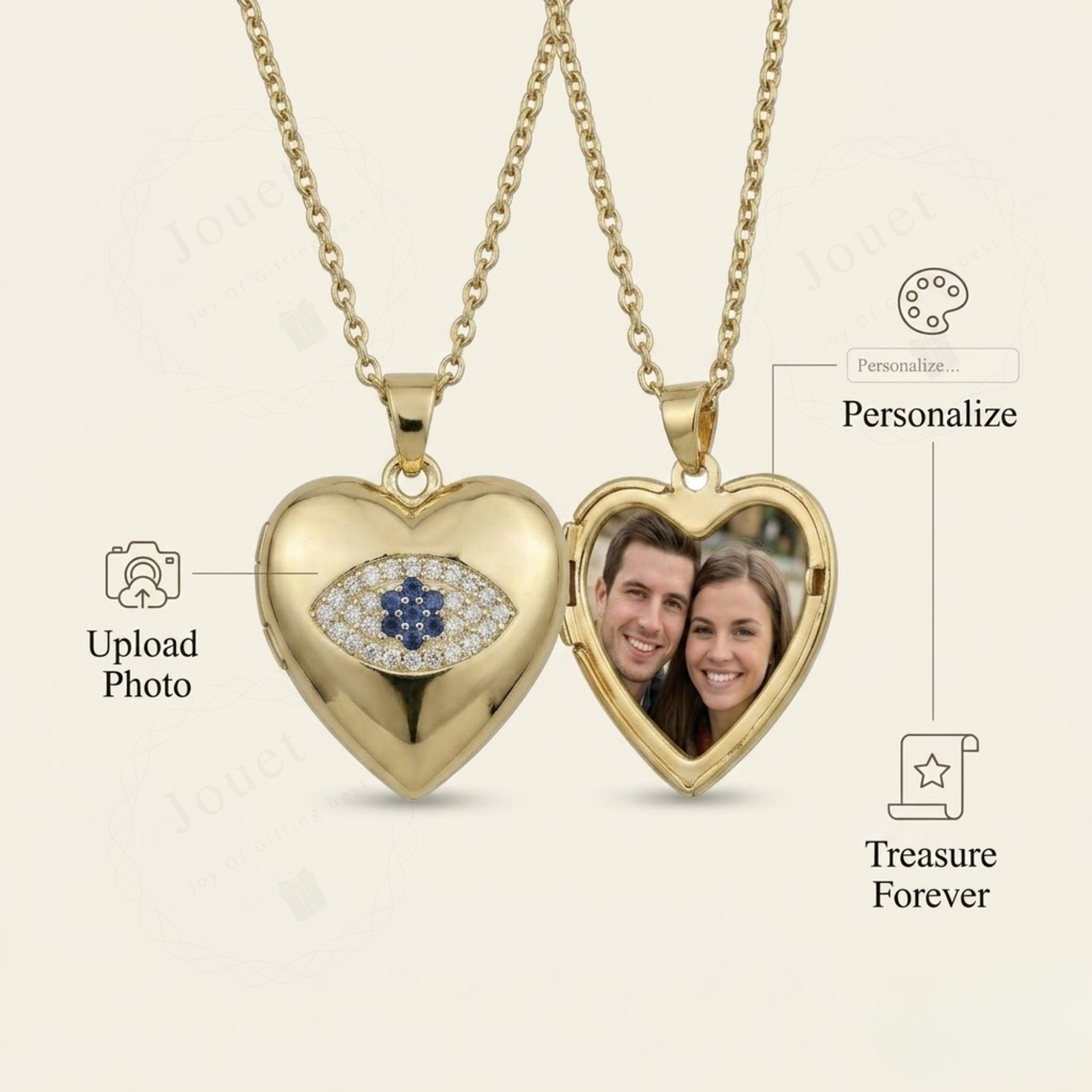 Personalized Heart Photo Locket Necklace for Women with Crystal Evil Eye Design, Stainless Steel Anti-Tarnish Custom Picture Pendant Gift for Her