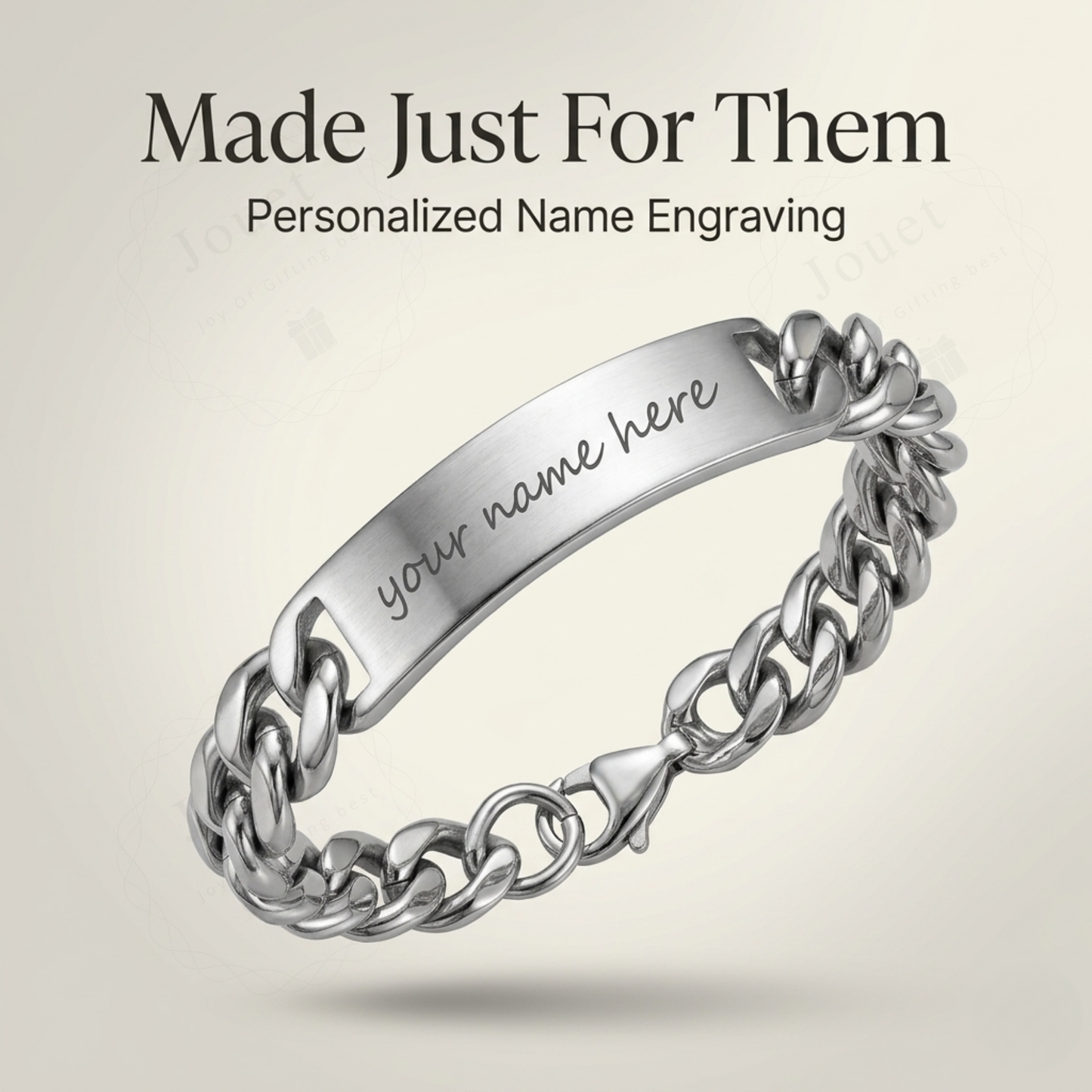 Personalized Stainless Steel ID Bar Bracelet with Engraved Name, Silver & Gold Cuban Chain
