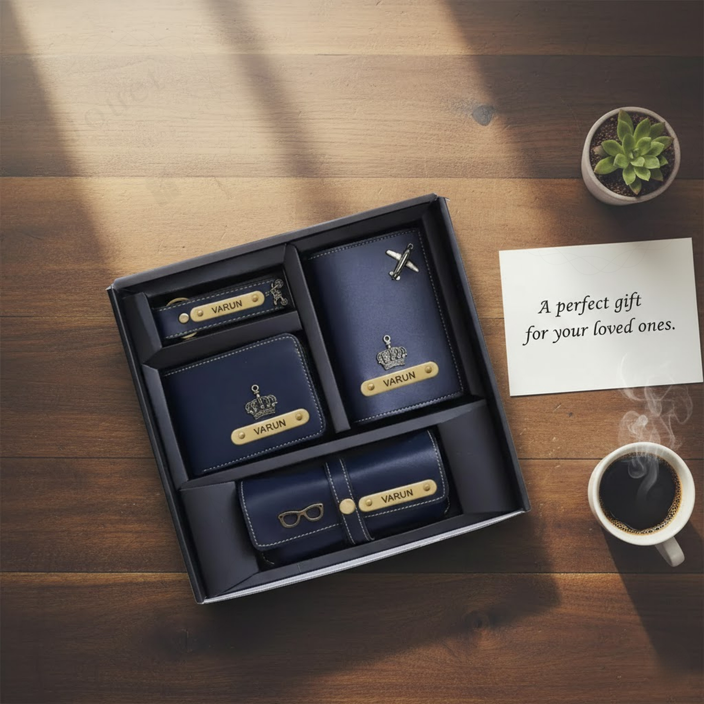 Personalized Gift Set for Men with Wallet, Passport Cover, Keychain & Eyewear Case