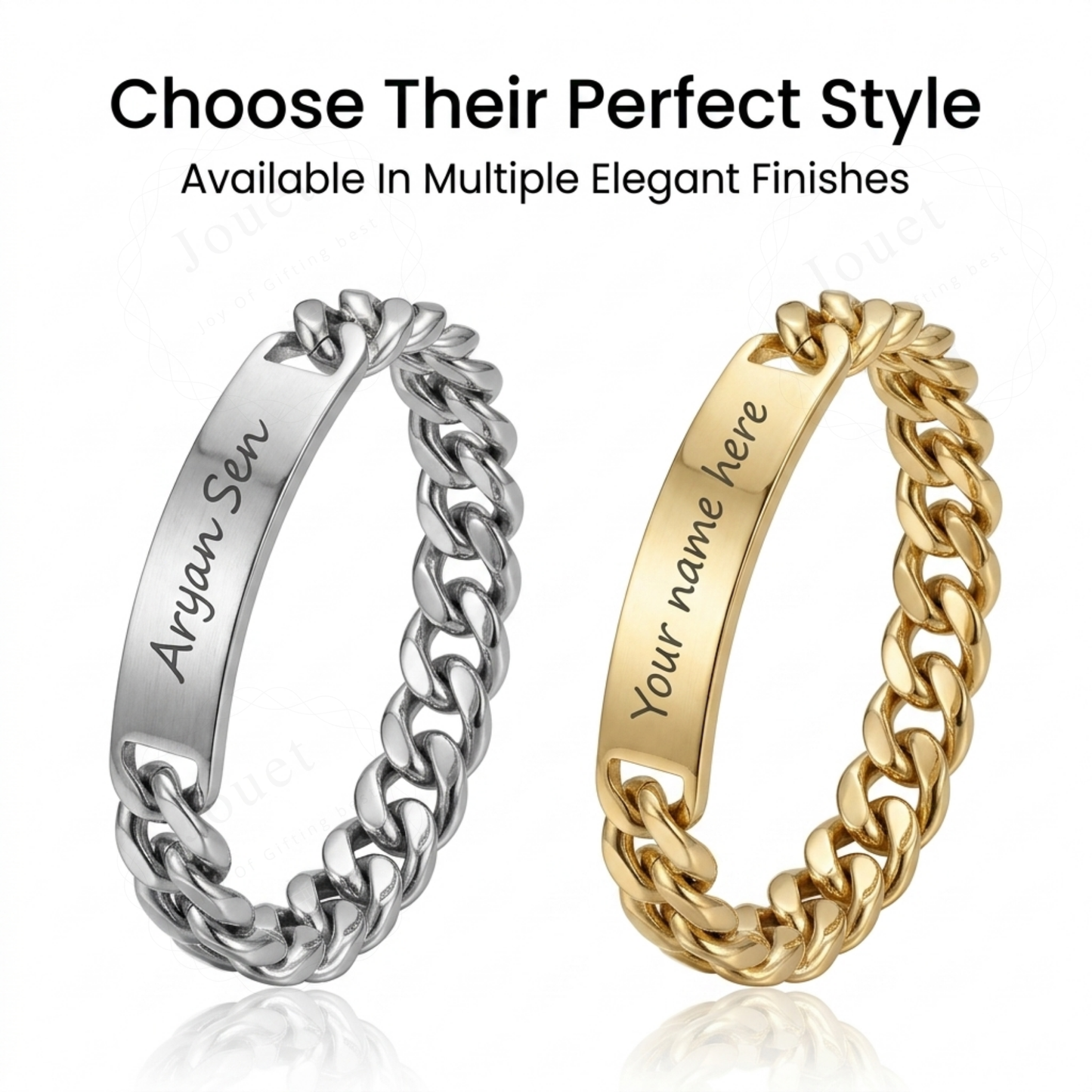 Personalized Stainless Steel ID Bar Bracelet with Engraved Name, Silver & Gold Cuban Chain