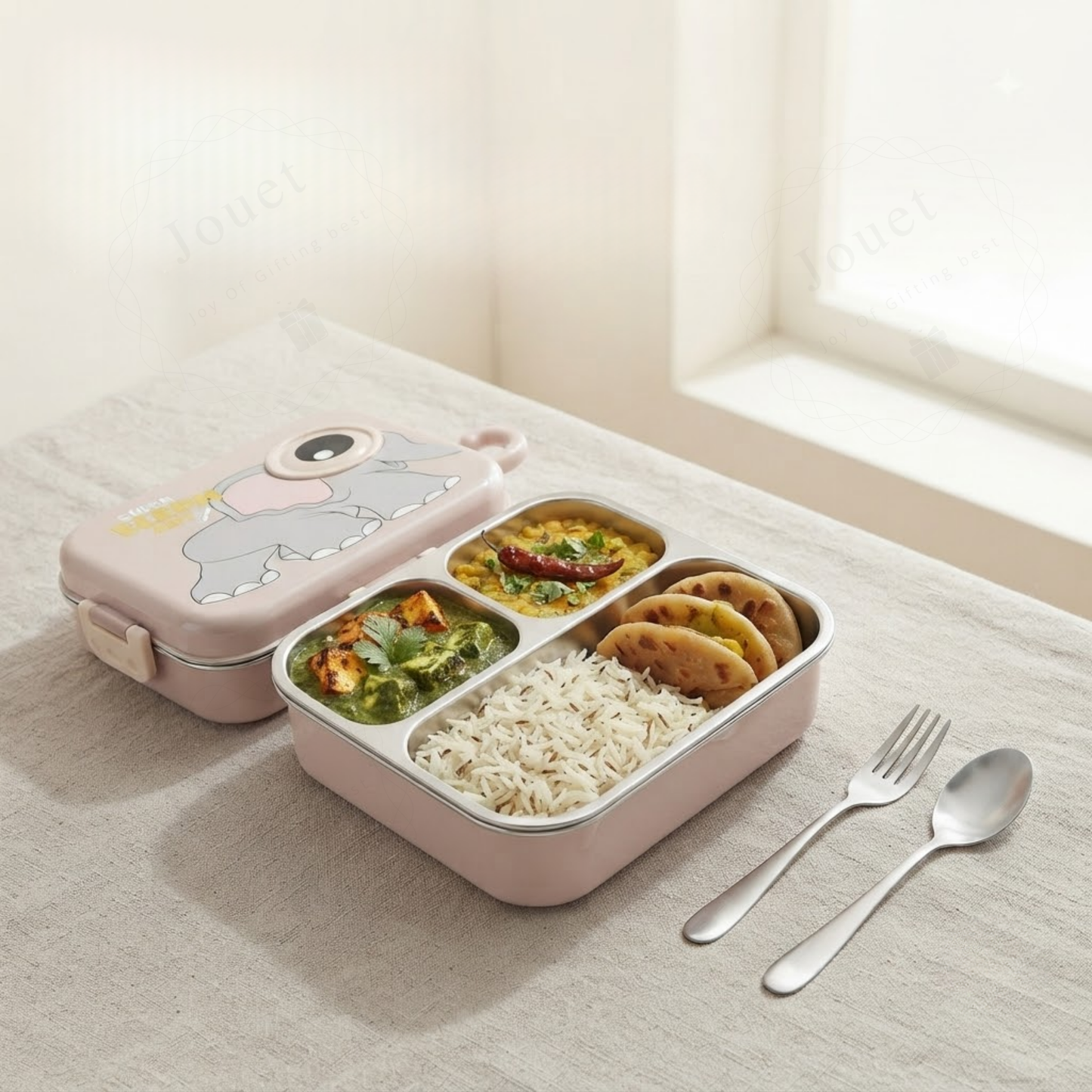 1120ml Stainless Steel Tiffin Box with 3 Compartments, Cutlery & Sauce Box