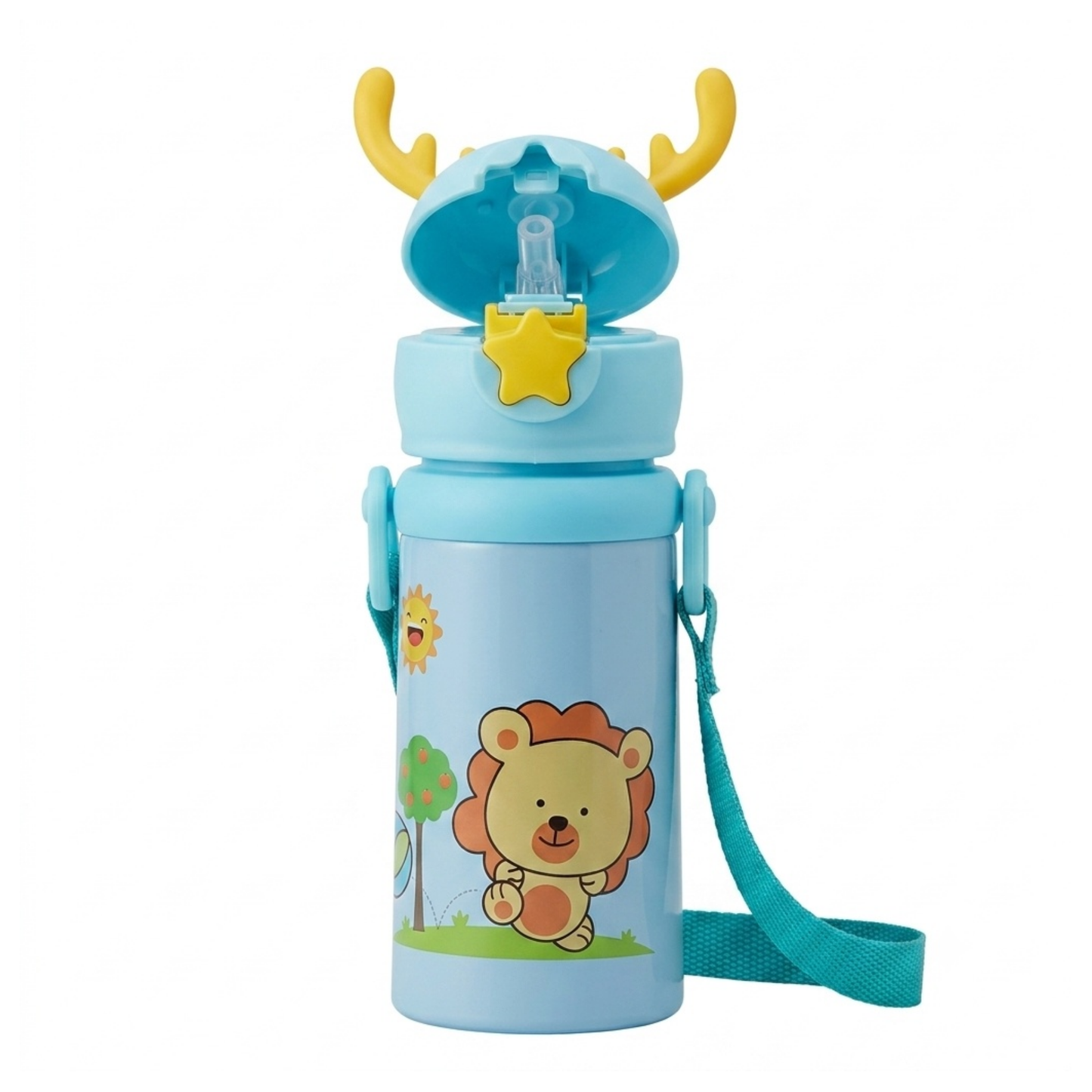 Kids Sipper Water Bottle 600ml – Leakproof Straw Bottle with Cartoon Print & Carry Strap