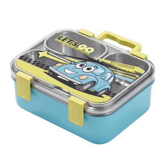 Stainless Steel Kids Lunch Box with 2 Compartments | 4-Side Lock Bento Box with Spoon & Fork