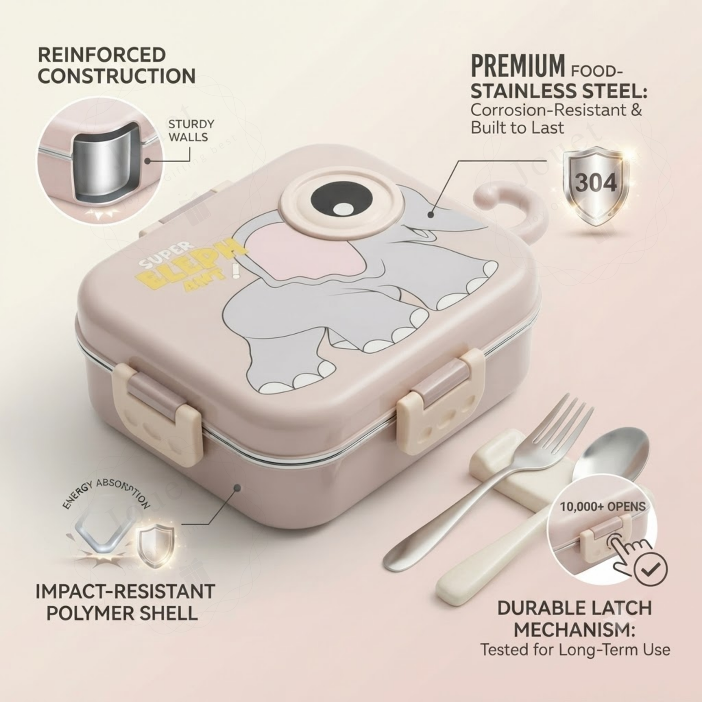 1120ml Stainless Steel Tiffin Box with 3 Compartments, Cutlery & Sauce Box