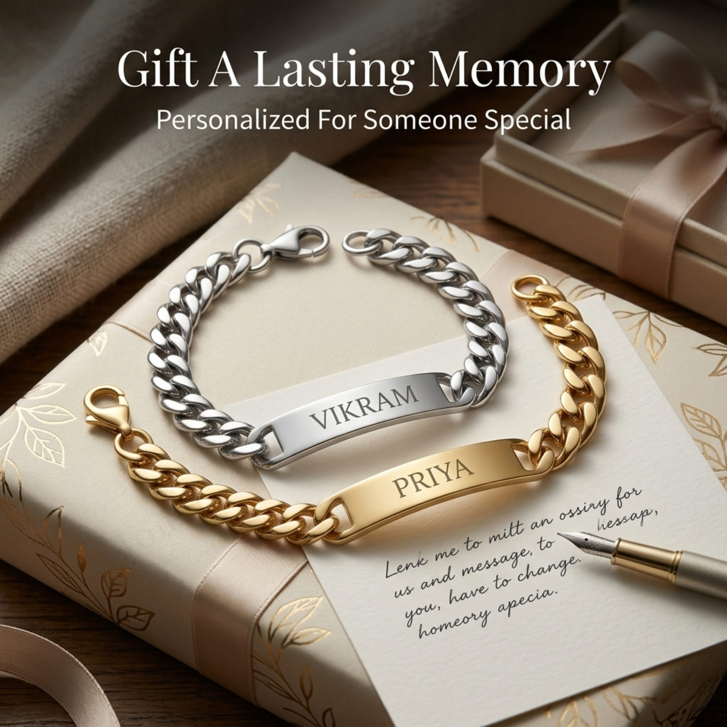 Personalized Stainless Steel ID Bar Bracelet with Engraved Name, Silver & Gold Cuban Chain