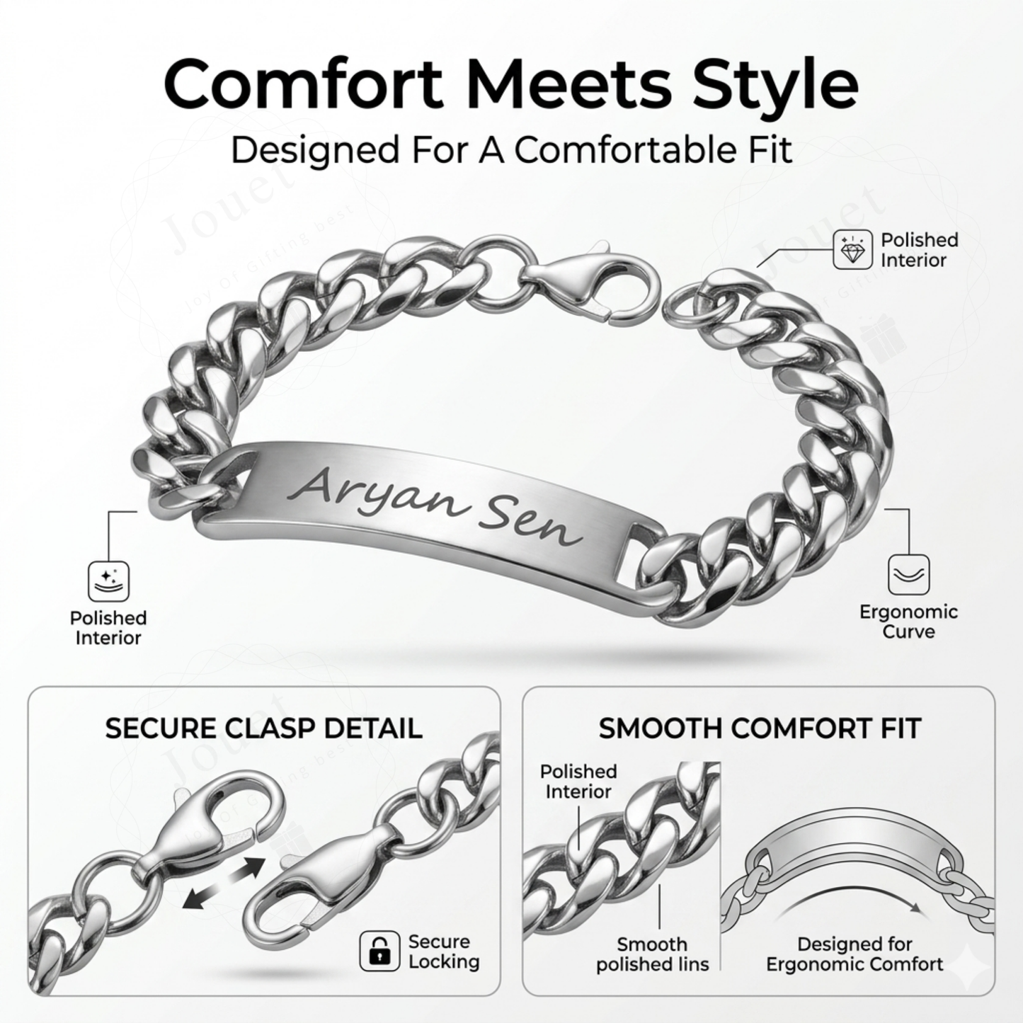 Personalized Stainless Steel ID Bar Bracelet with Engraved Name, Silver & Gold Cuban Chain