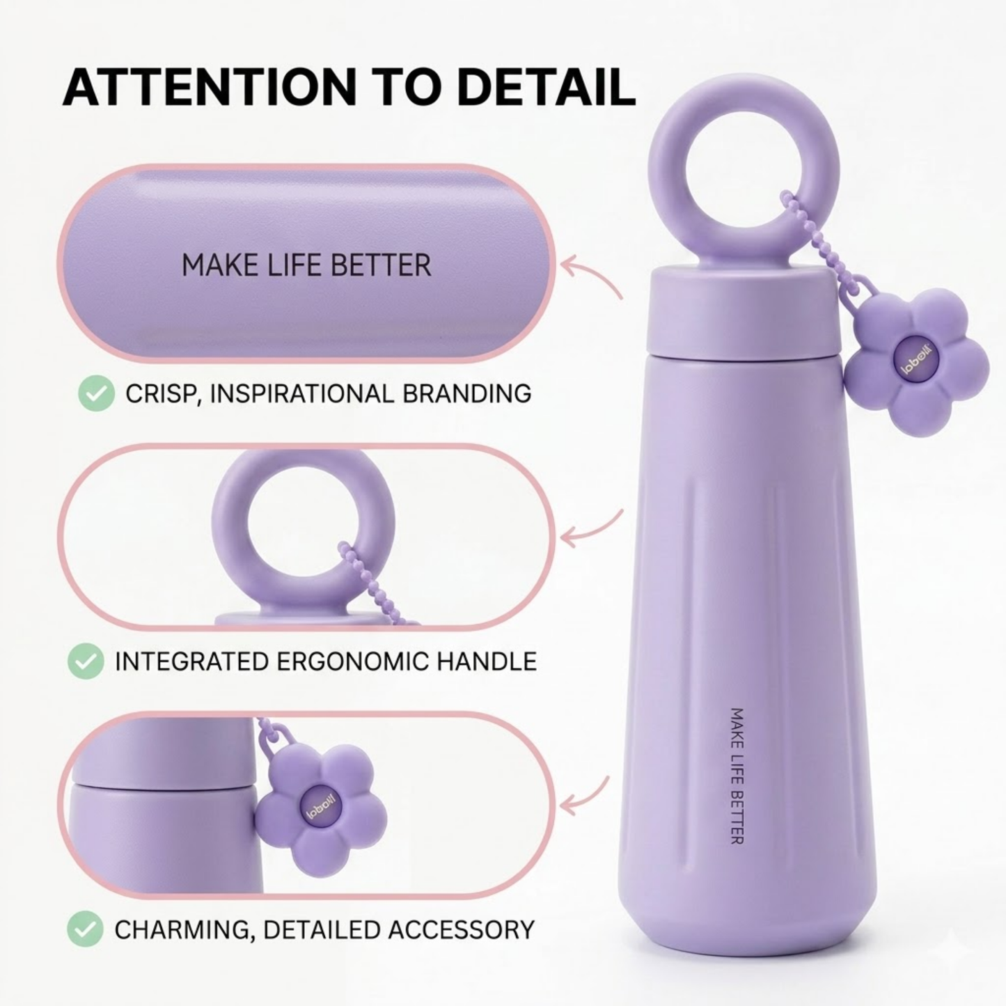 Flower Loop 450ml Water Bottle – Premium 316 Stainless Steel with Flower Charm & Carry Ring
