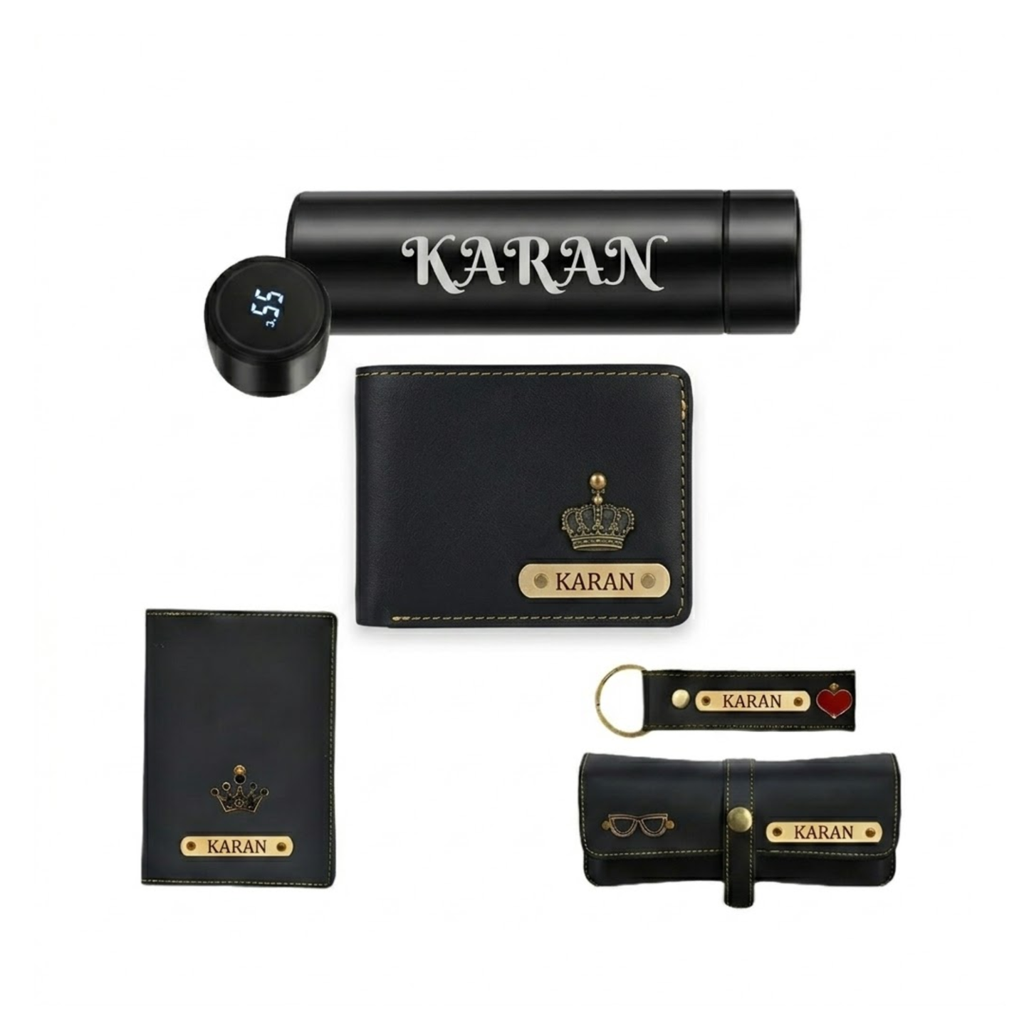 Personalised Men’s Leather Wallet Gift Set – 5 in 1 Custom Name Engraved Gift Combo with Wallet, Passport Cover, Keychain & Smart Bottle