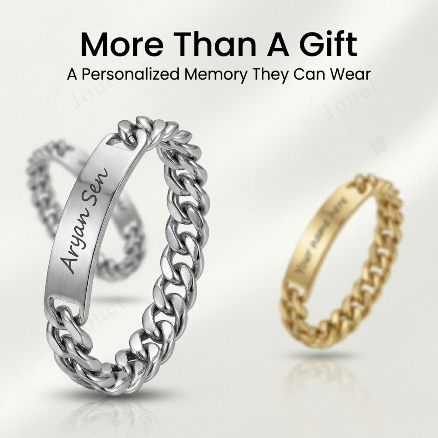 Personalized Stainless Steel ID Bar Bracelet with Engraved Name, Silver & Gold Cuban Chain