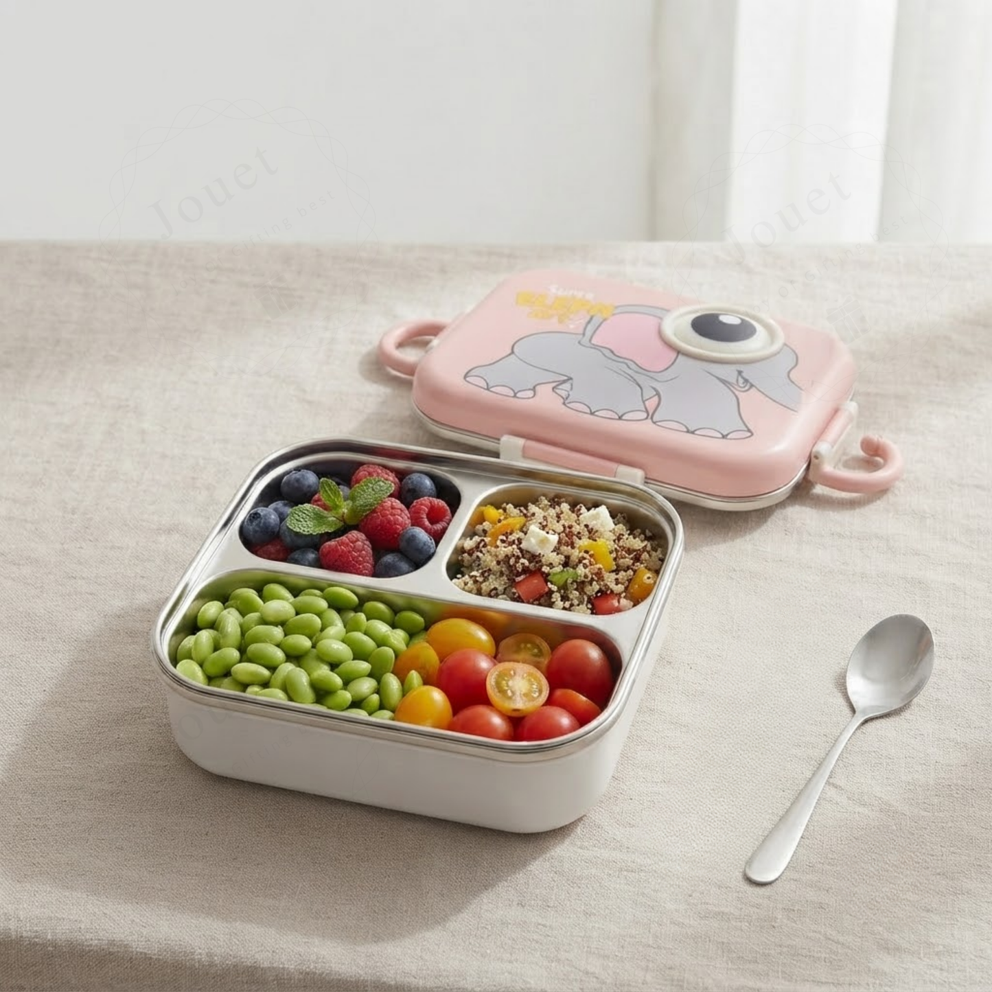 1120ml Stainless Steel Tiffin Box with 3 Compartments, Cutlery & Sauce Box