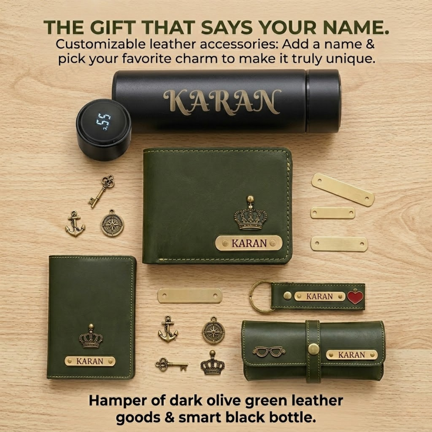 Personalised Men’s Leather Wallet Gift Set – 5 in 1 Custom Name Engraved Gift Combo with Wallet, Passport Cover, Keychain & Smart Bottle