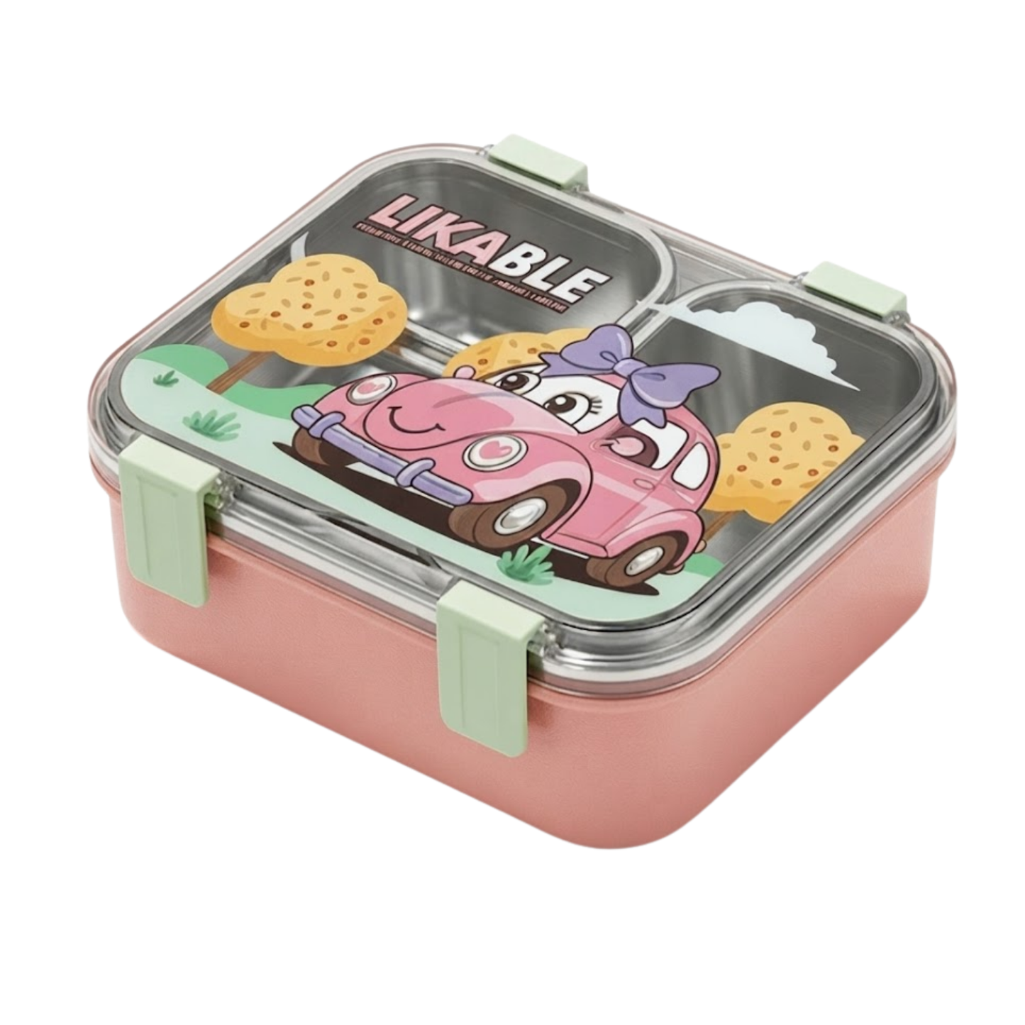Stainless Steel Kids Lunch Box with 2 Compartments | 4-Side Lock Bento Box with Spoon & Fork