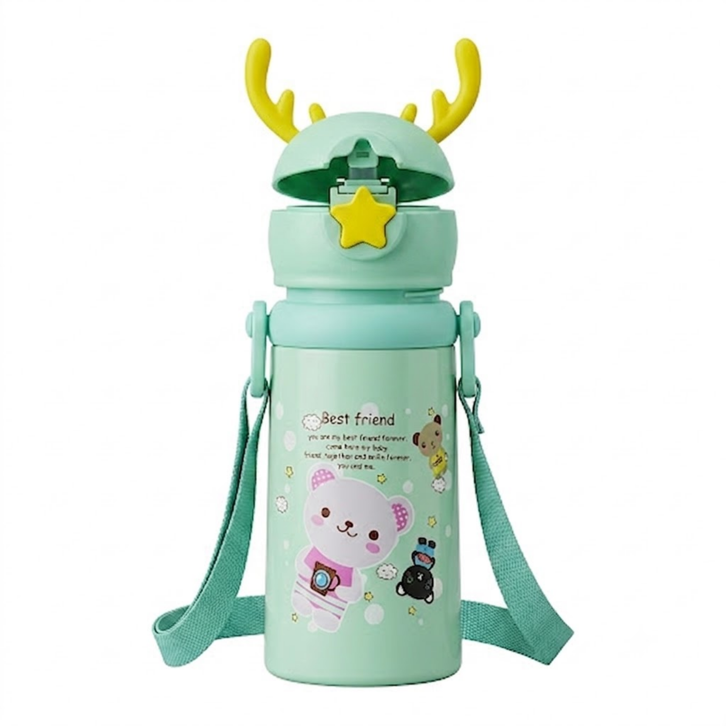 Kids Sipper Water Bottle 600ml – Leakproof Straw Bottle with Cartoon Print & Carry Strap