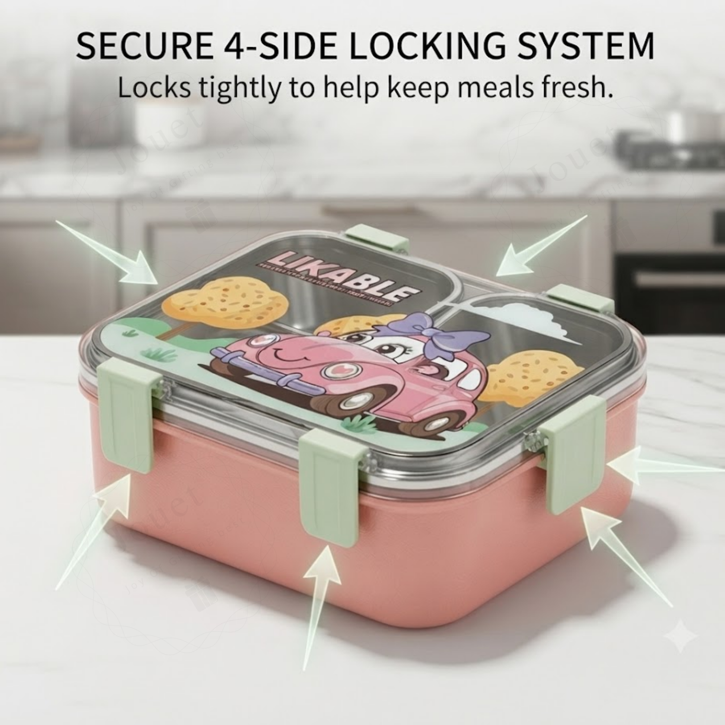 Stainless Steel Kids Lunch Box with 2 Compartments | 4-Side Lock Bento Box with Spoon & Fork