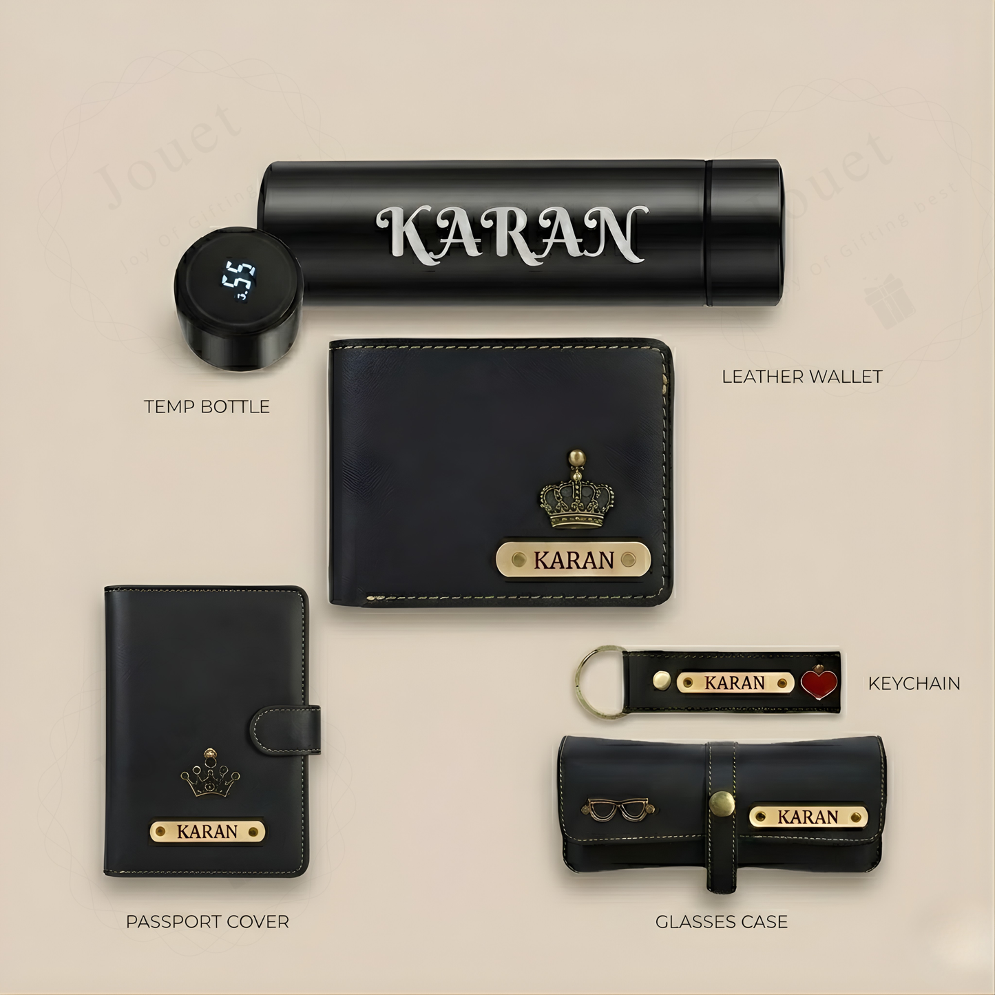 Personalised Men’s Leather Wallet Gift Set – 5 in 1 Custom Name Engraved Gift Combo with Wallet, Passport Cover, Keychain & Smart Bottle