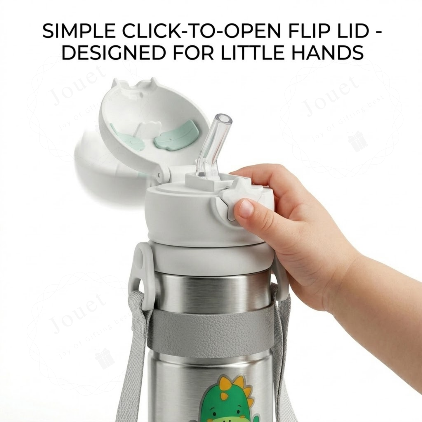 Kids Dinosaur Water Bottle 600ml – Stainless Steel Straw Sipper with Carry Strap
