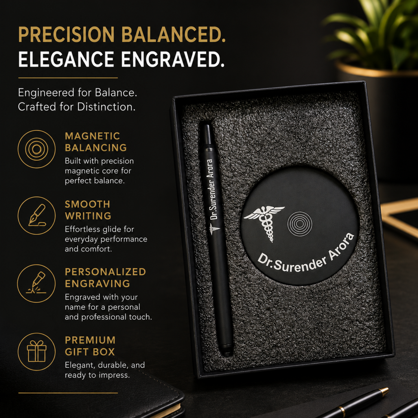Personalised Magnetic Balancing Pen Set, Metal, Name Engraved, Premium Black, with Disk, Gift Box Included