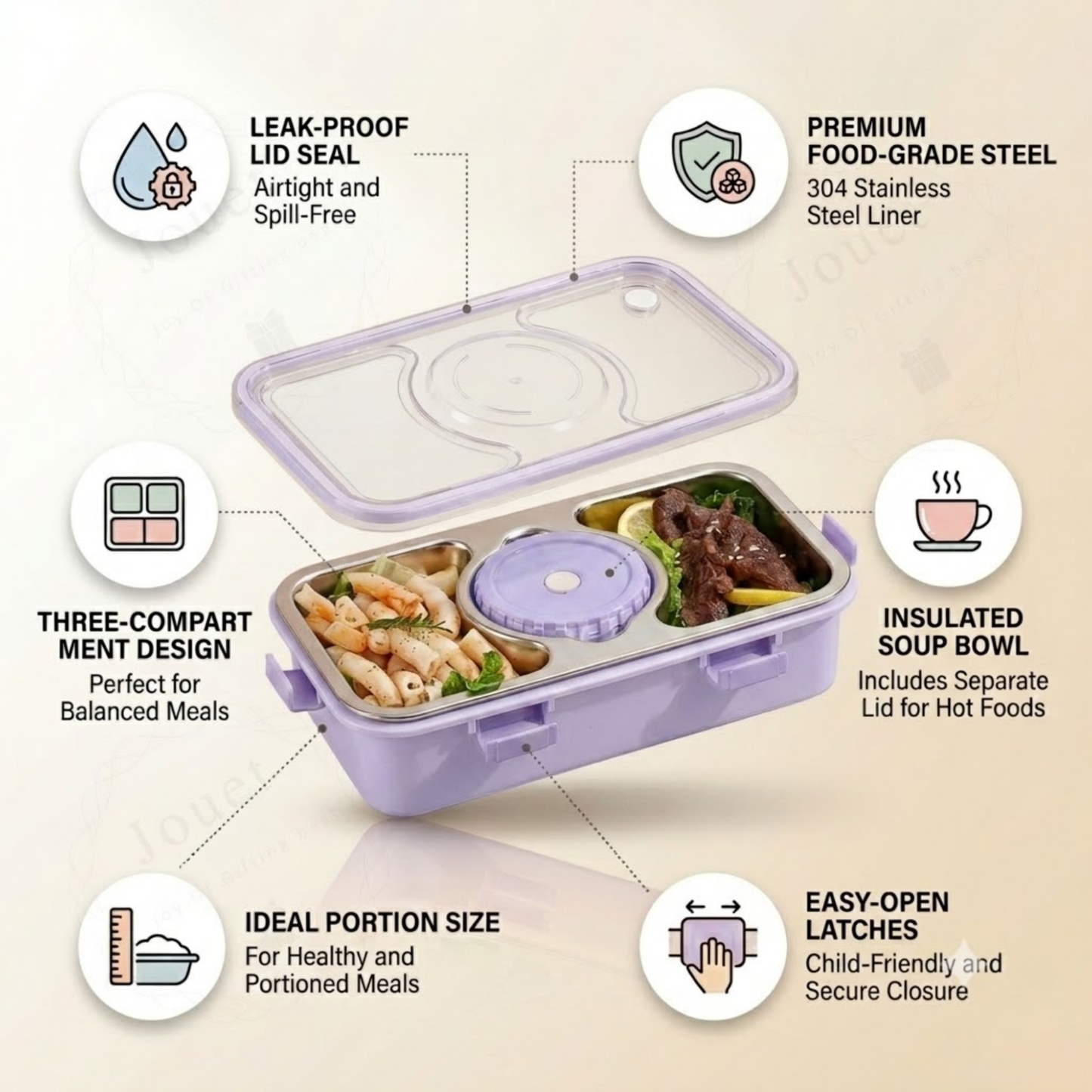 Insulated Stainless Steel Lunch Box with 3 Compartments & Steel Cutlery