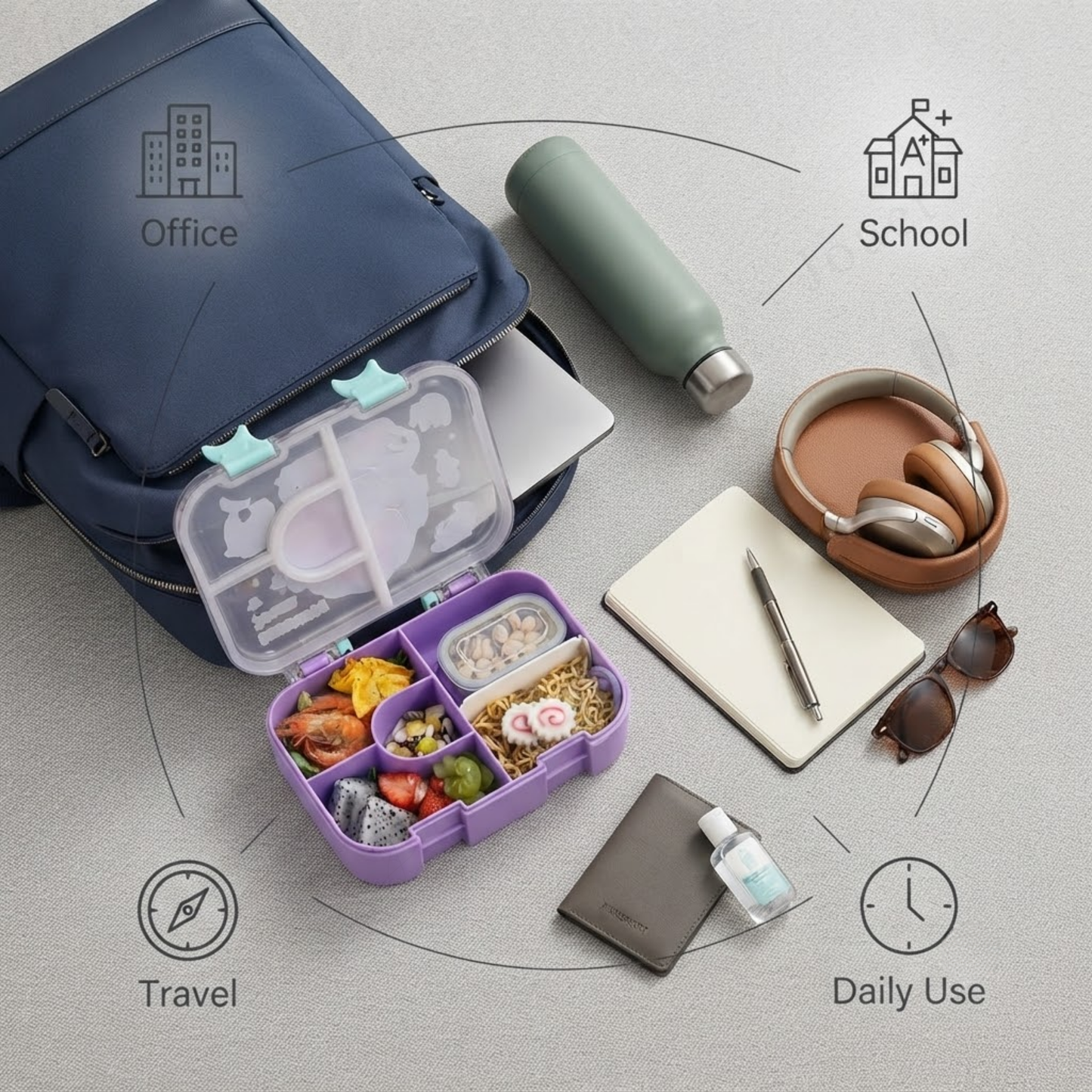 1400ml Bento Lunch Box | 4 Grid Leakproof Food Container with Bowl & Spoon