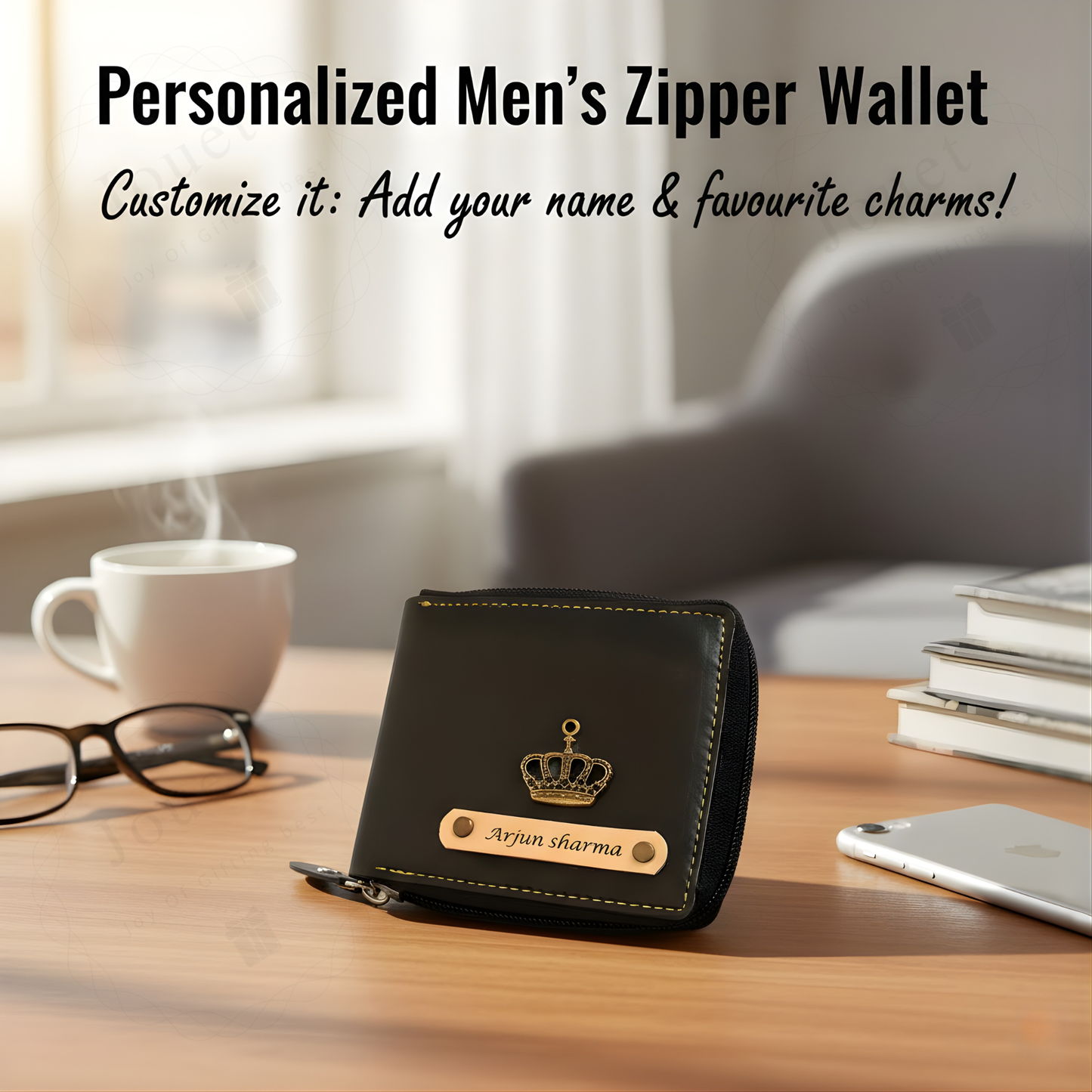 Personalized Men's Zipper Wallet with Custom Name Strip & Charm, Vegan Leather Card Holder
