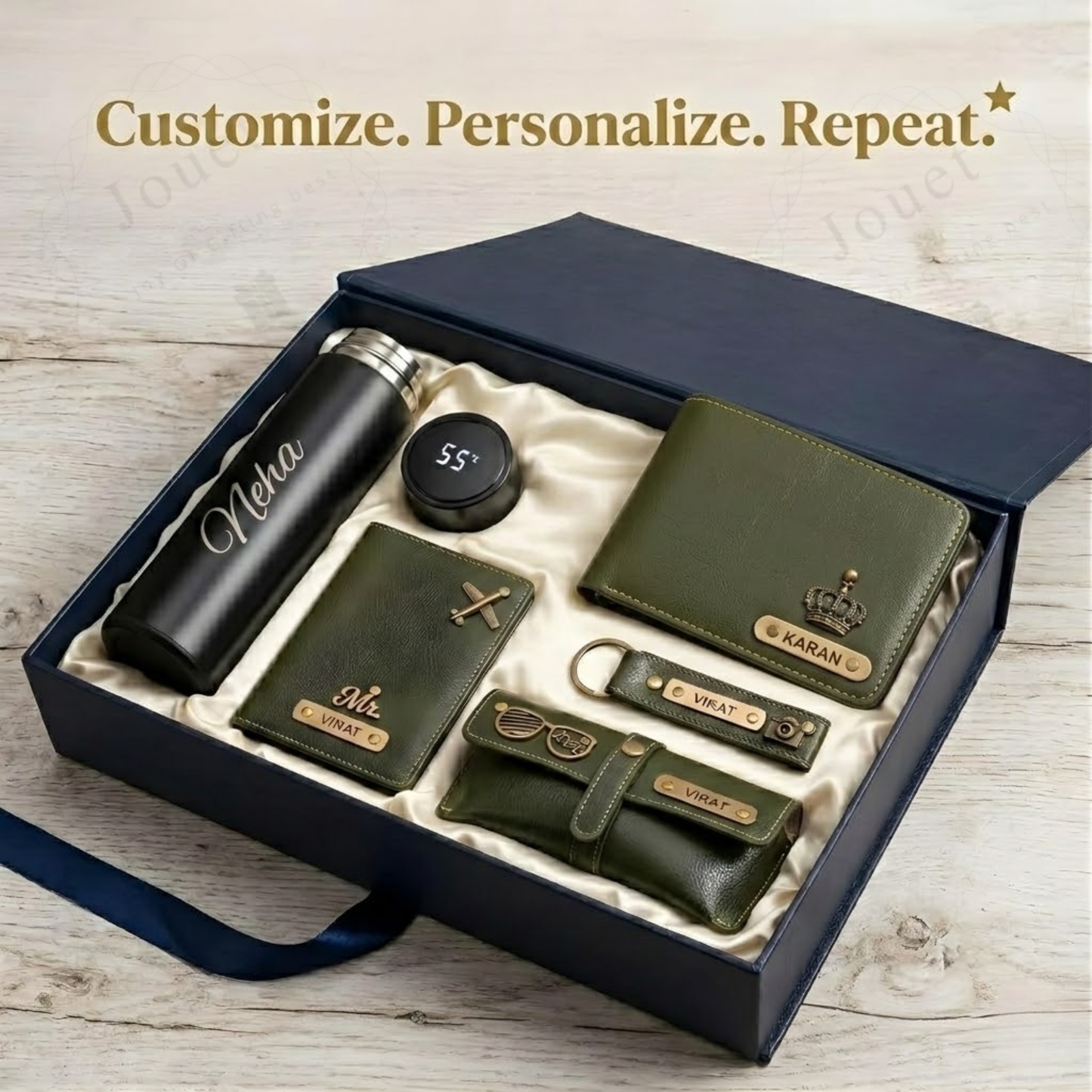 Personalised Men’s Leather Wallet Gift Set – 5 in 1 Custom Name Engraved Gift Combo with Wallet, Passport Cover, Keychain & Smart Bottle