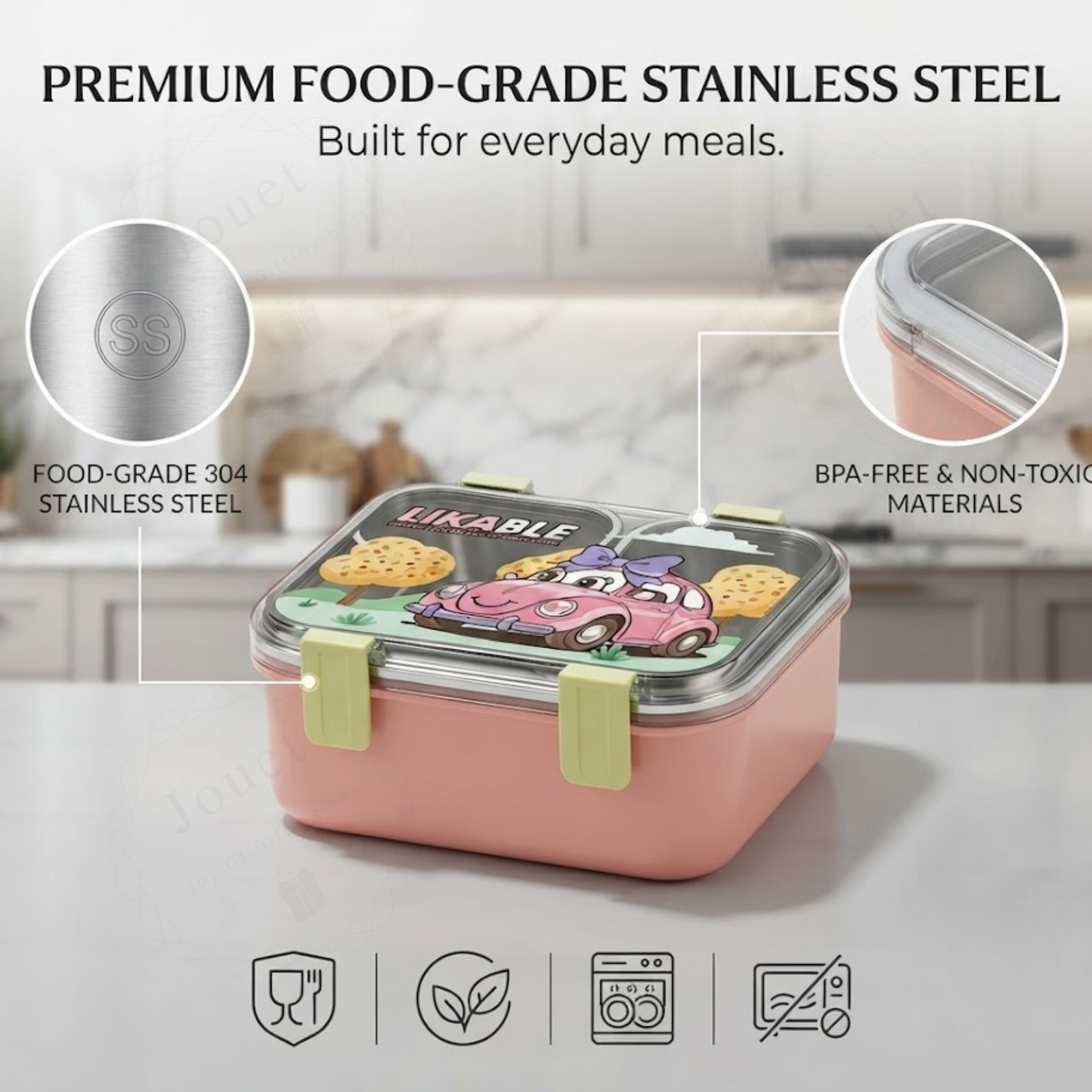 Stainless Steel Kids Lunch Box with 2 Compartments | 4-Side Lock Bento Box with Spoon & Fork