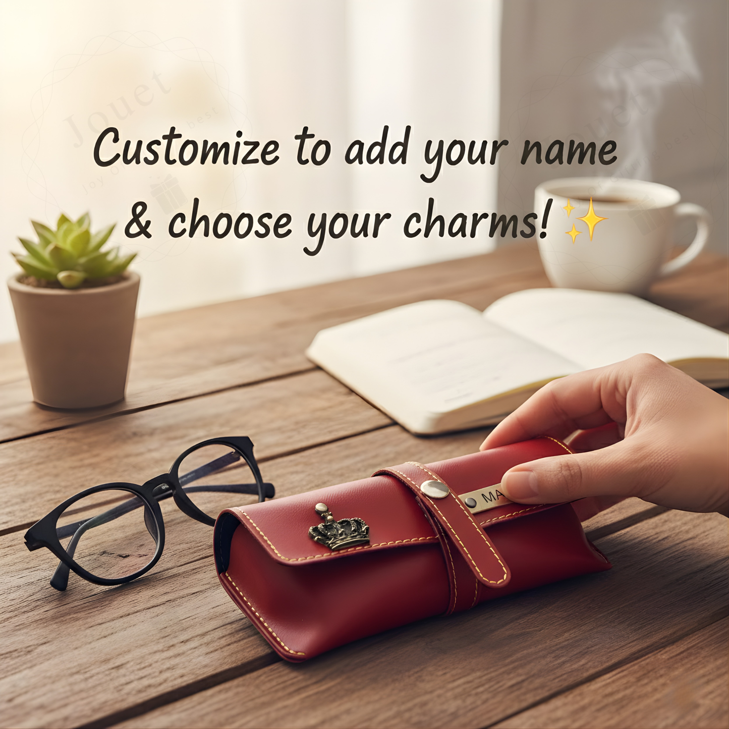 Personalized Faux Leather Eyeglass & Sunglasses Case with Custom Name Tag & Metal Charm, Protective Travel Spectacle Holder