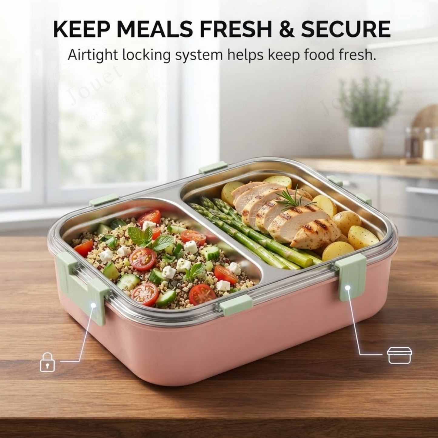 Stainless Steel Kids Lunch Box with 2 Compartments | 4-Side Lock Bento Box with Spoon & Fork