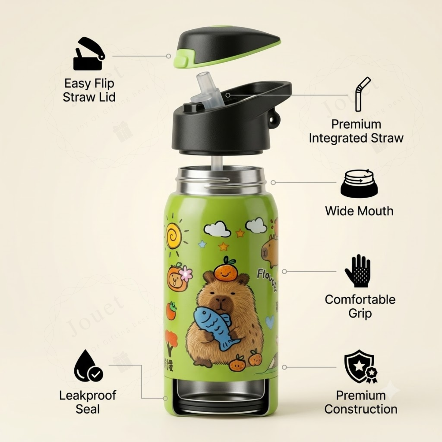 350ml Capybara Kids Stainless Steel Water Bottle with Flip Top Lid
