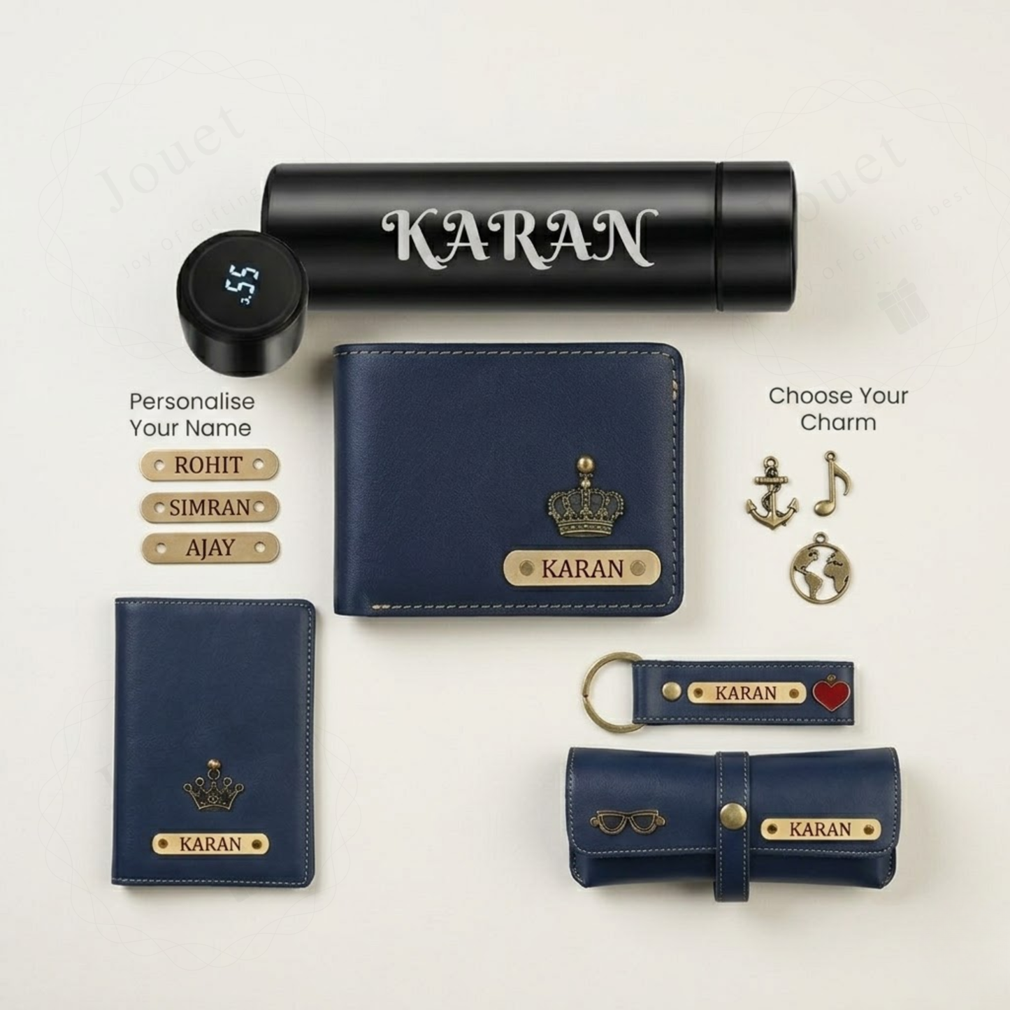 Personalised Men’s Leather Wallet Gift Set – 5 in 1 Custom Name Engraved Gift Combo with Wallet, Passport Cover, Keychain & Smart Bottle