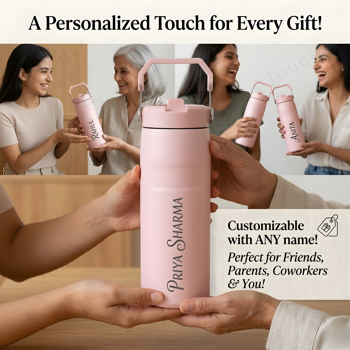 Personalized 500ml Thermos Flask with Name, Stainless Steel Insulated Water Bottle with Handle & Flip Straw Lid