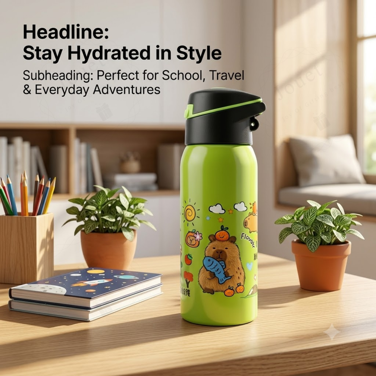 350ml Capybara Kids Stainless Steel Water Bottle with Flip Top Lid