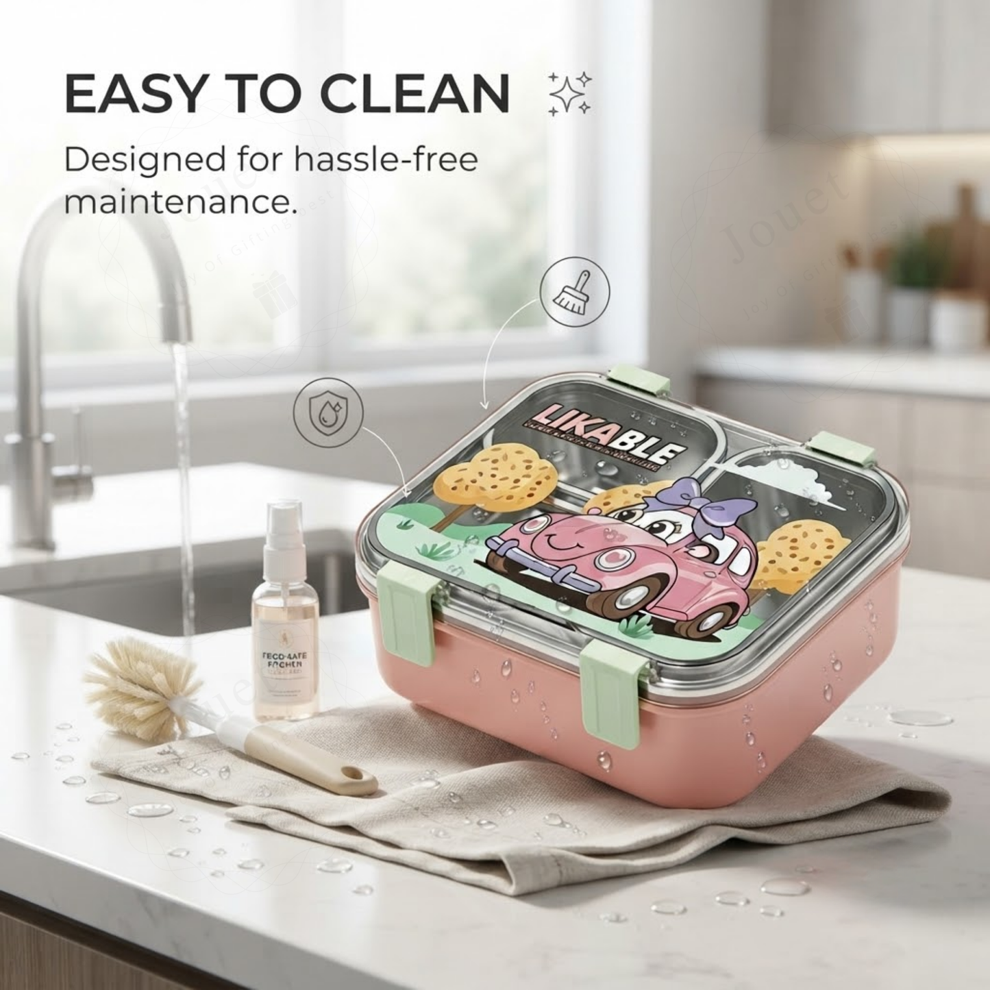 Stainless Steel Kids Lunch Box with 2 Compartments | 4-Side Lock Bento Box with Spoon & Fork