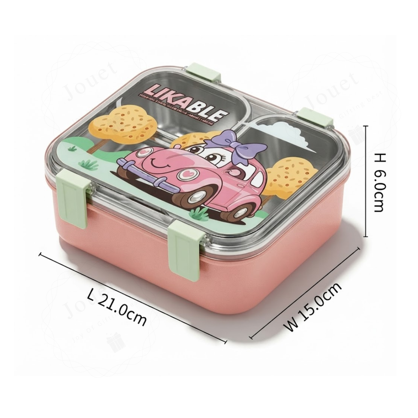 Stainless Steel Kids Lunch Box with 2 Compartments | 4-Side Lock Bento Box with Spoon & Fork