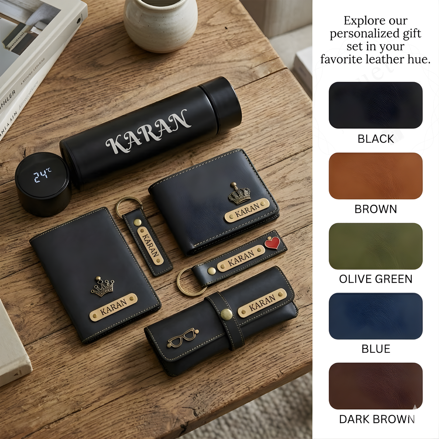 Personalised Men’s Leather Wallet Gift Set – 5 in 1 Custom Name Engraved Gift Combo with Wallet, Passport Cover, Keychain & Smart Bottle
