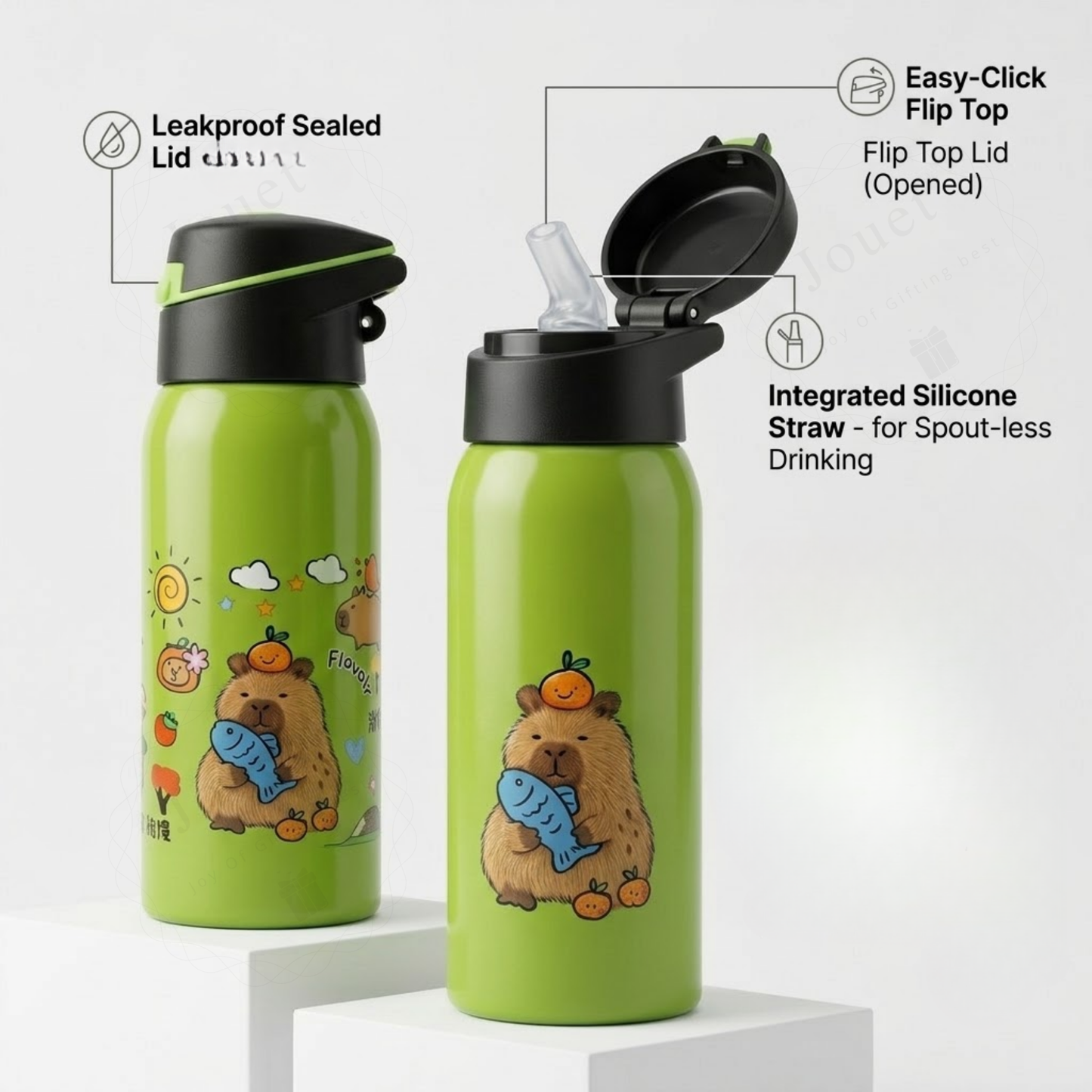 350ml Capybara Kids Stainless Steel Water Bottle with Flip Top Lid