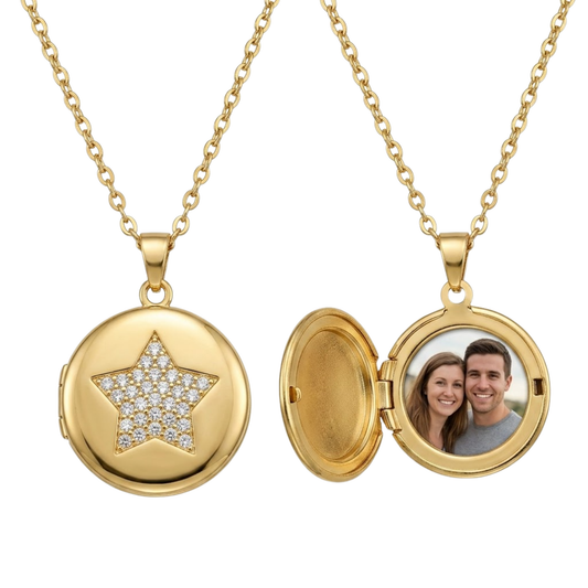 Personalized Photo Locket Necklace for Women with Crystal Star Design, Stainless Steel Waterproof Custom Picture Pendant Gift for Her