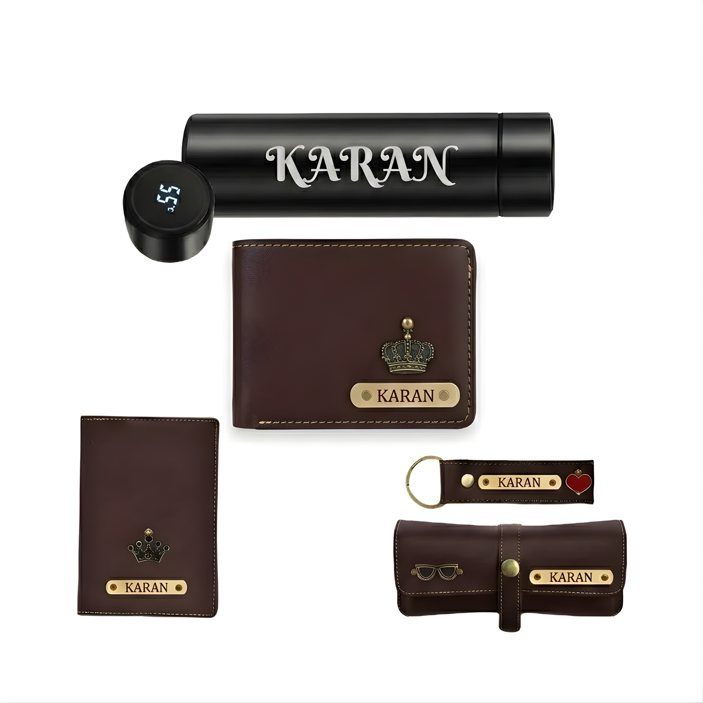 Personalised Men’s Leather Wallet Gift Set – 5 in 1 Custom Name Engraved Gift Combo with Wallet, Passport Cover, Keychain & Smart Bottle