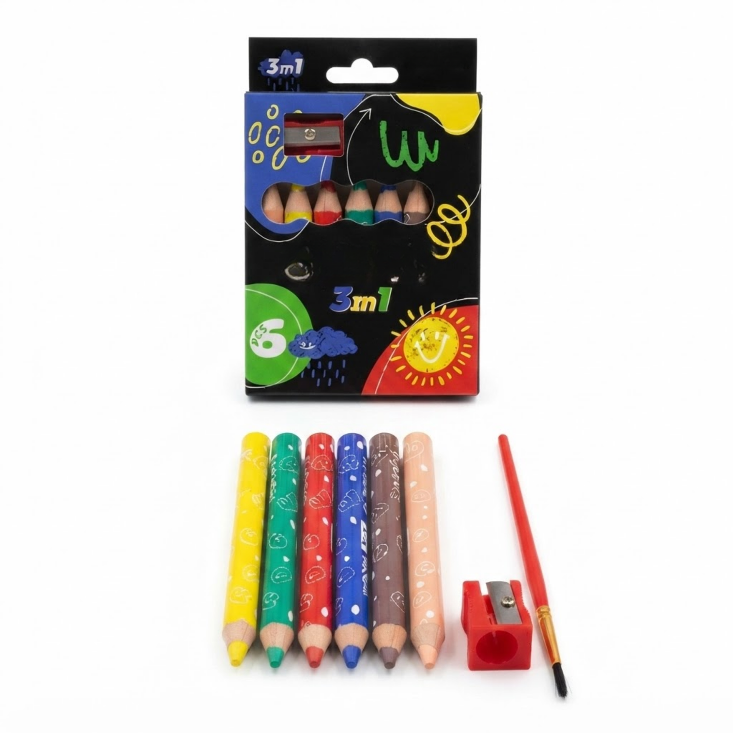 Kids 3-in-1 Watercolor Pencil Set | 6 Colors with Paintbrush & Sharpener