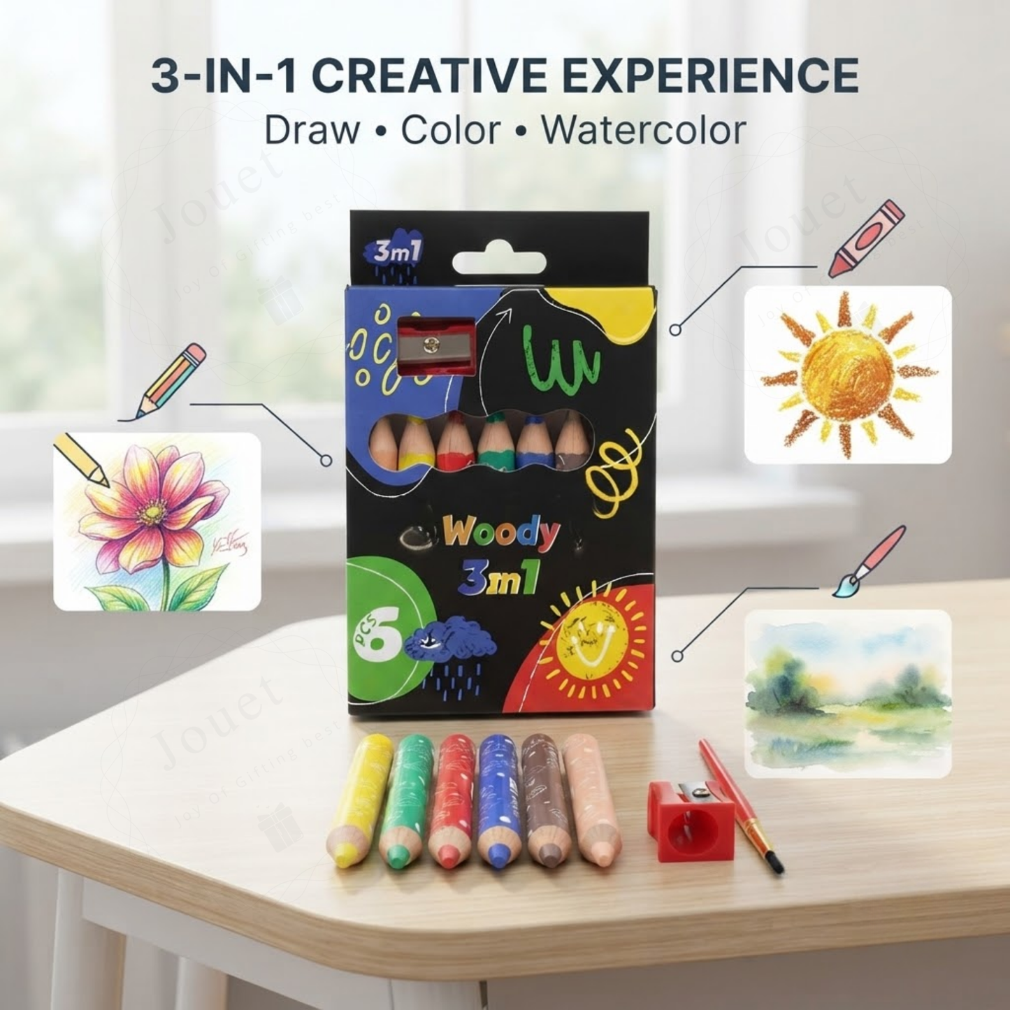 Kids 3-in-1 Watercolor Pencil Set | 6 Colors with Paintbrush & Sharpener