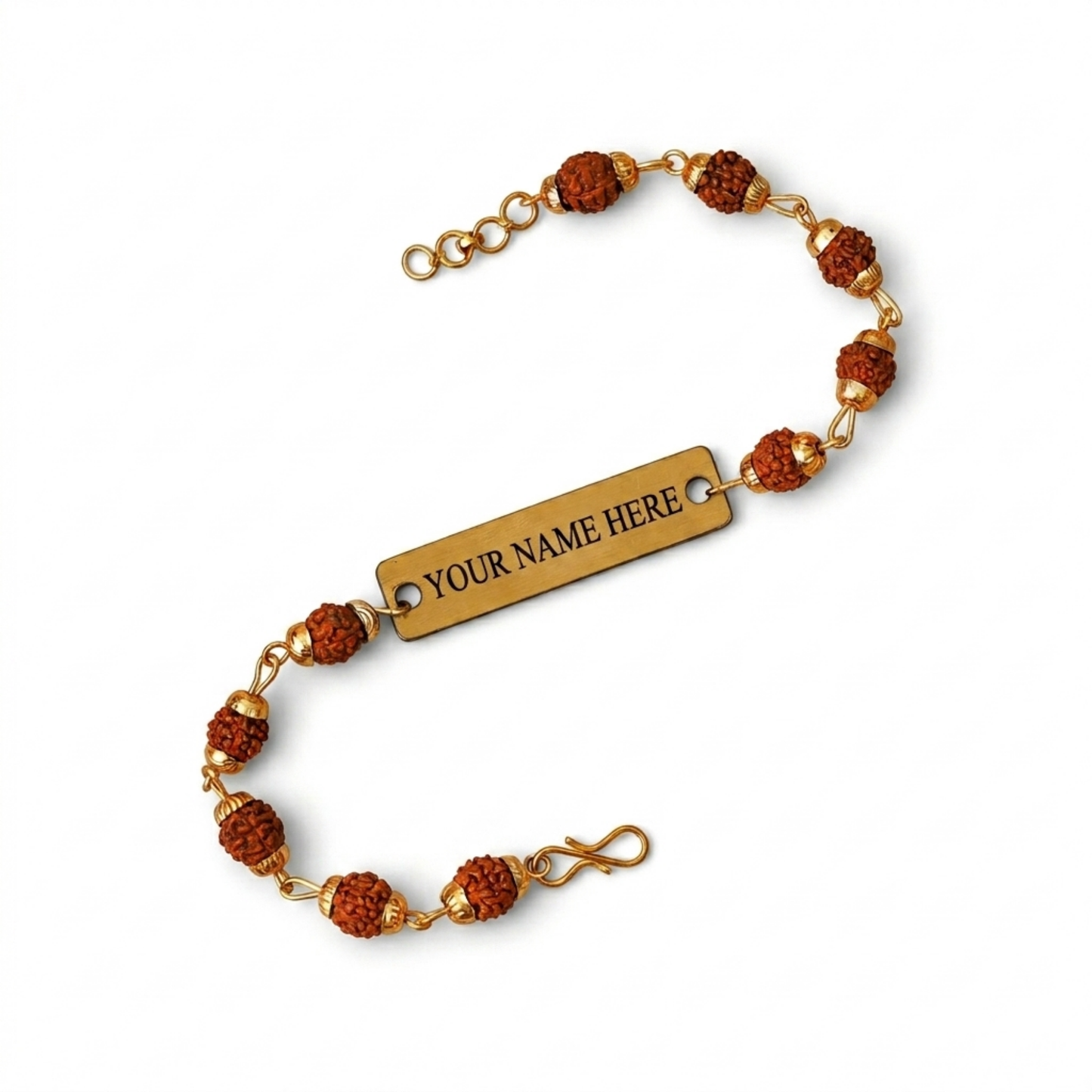 Personalized Rudraksha Name Bracelet with Engraved Nameplate, Adjustable Cord Spiritual Jewelry Gift